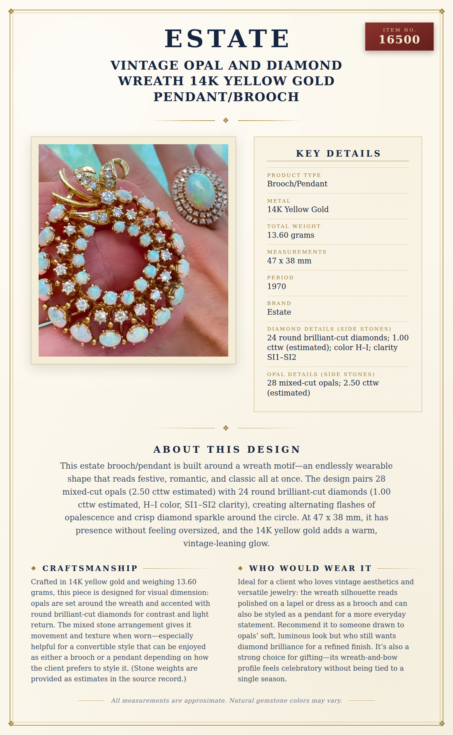 Vintage Opal and Diamond Wreath 14K Yellow Gold Pendant/Brooch — anatomy card