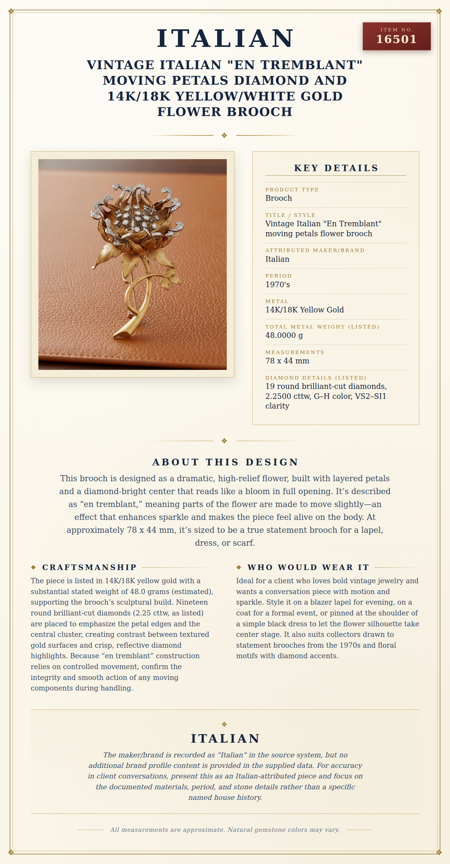 Vintage Italian "En Tremblant" Moving Petals Diamond and 14k/18k Yellow/White Gold Flower Brooch — anatomy card