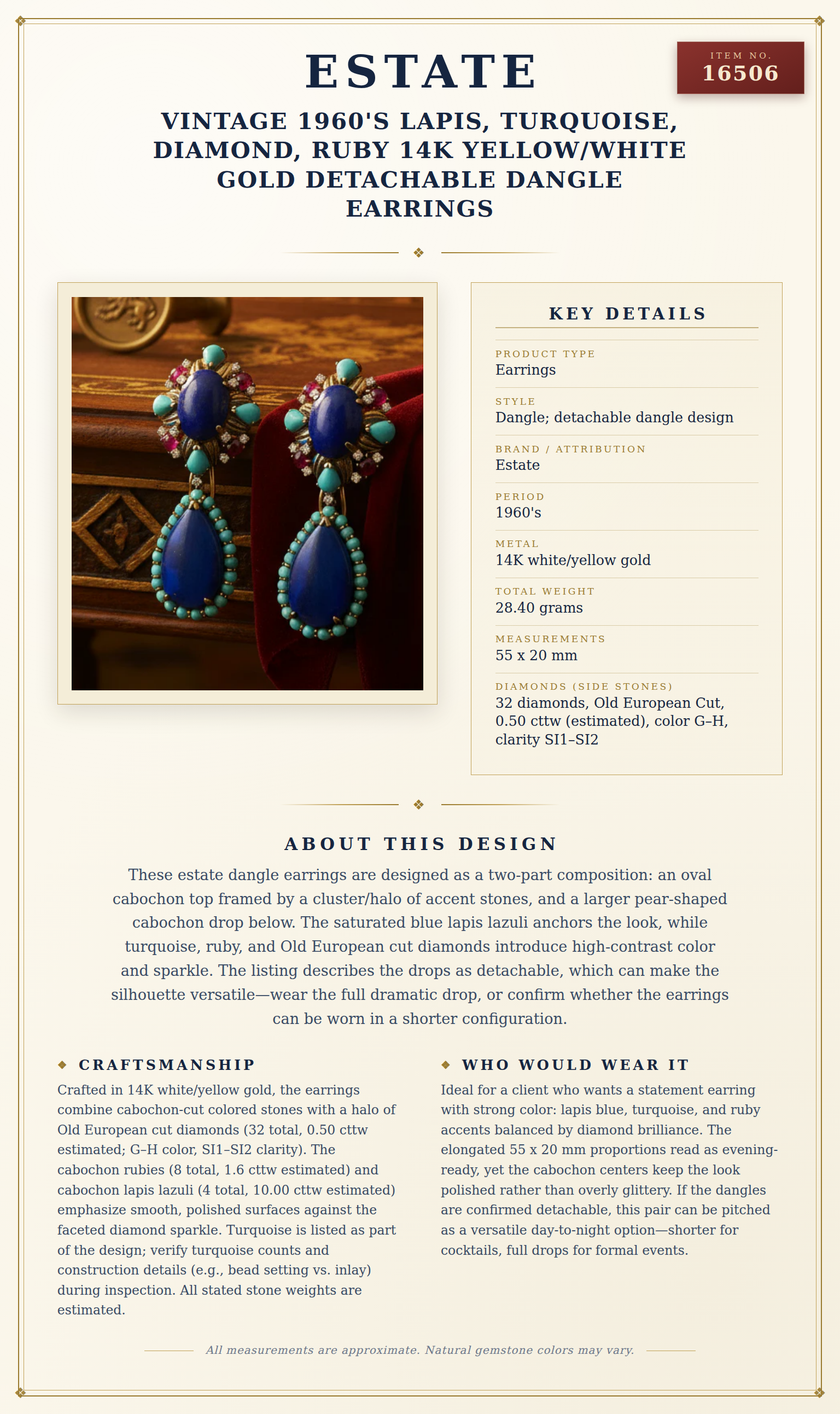 Vintage 1960's Lapis, Turquoise, Diamond, Ruby 14K Yellow/White Gold Detachable Dangle Earrings — anatomy card