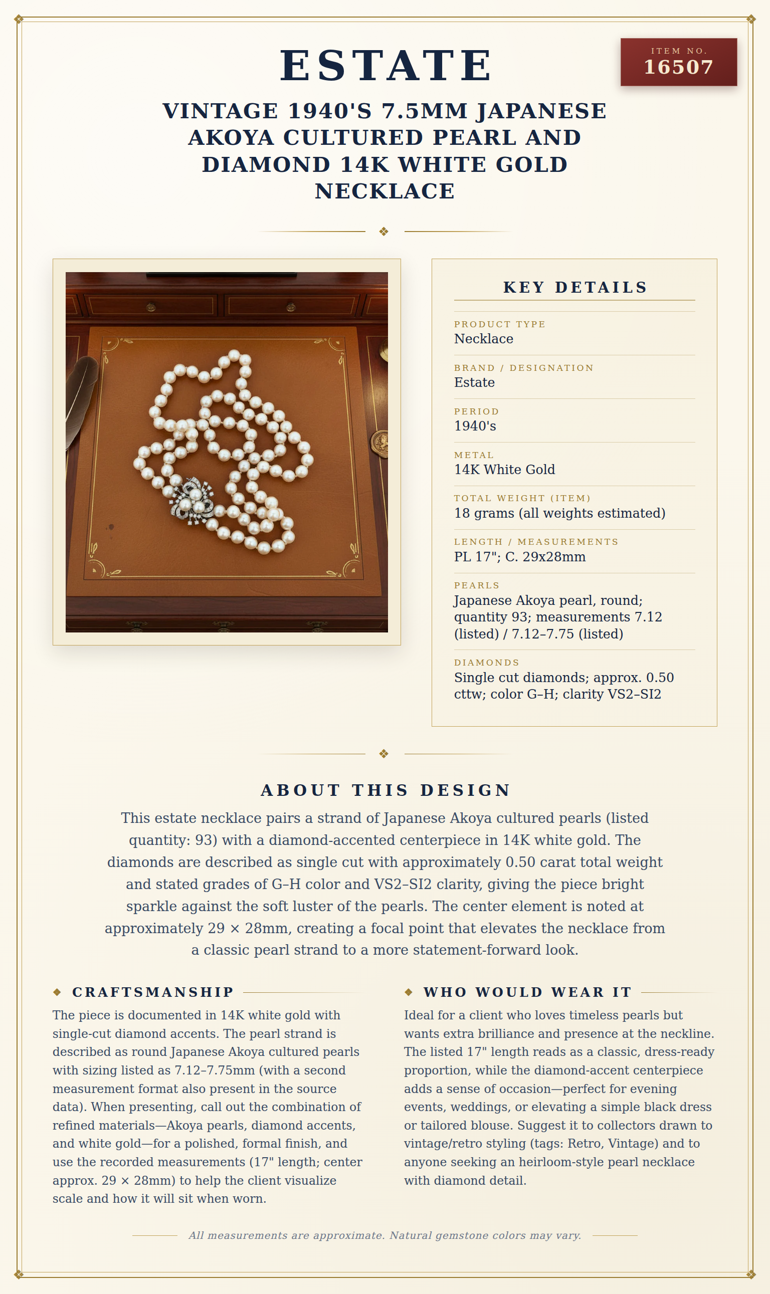 Vintage 1940's 7.5mm Japanese Akoya Cultured Pearl and Diamond 14K White Gold Necklace — anatomy card