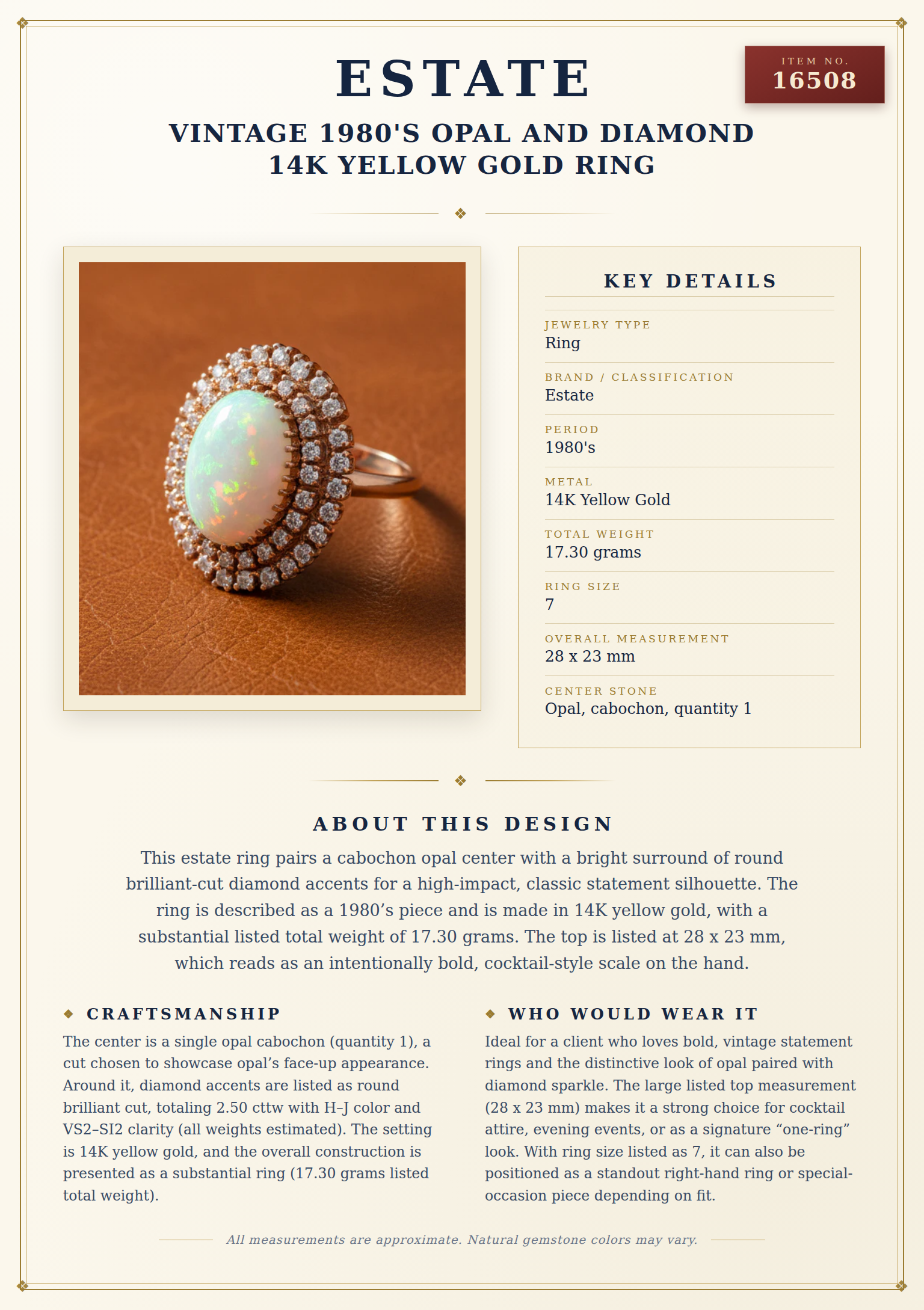 Vintage 1980's Opal and Diamond 14K Yellow Gold Ring — anatomy card