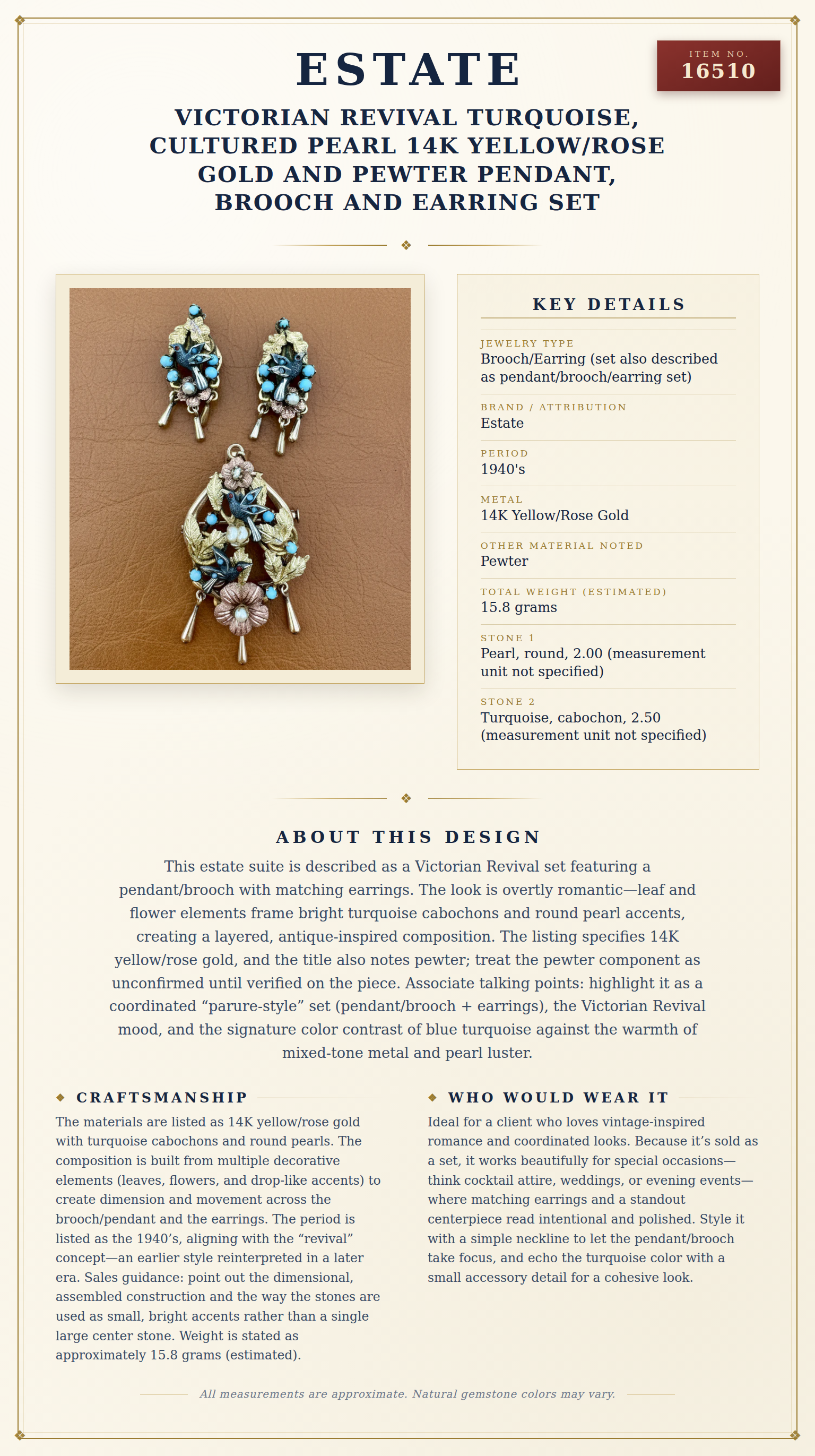 Victorian Revival Turquoise, Cultured Pearl 14K Yellow/Rose Gold and Pewter Pendant, Brooch and Earring Set — anatomy card