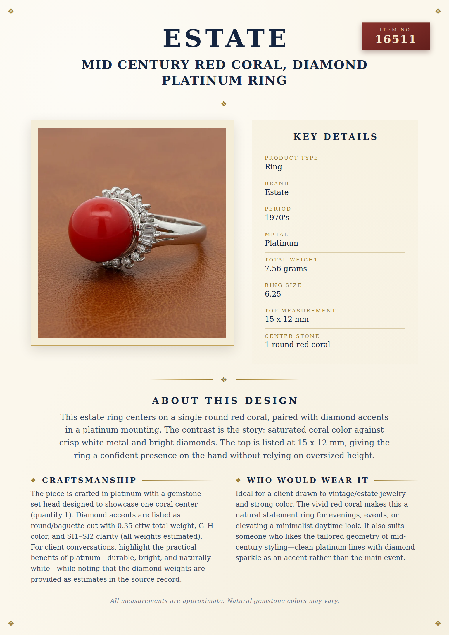 Mid Century Red Coral, Diamond Platinum Ring — anatomy card
