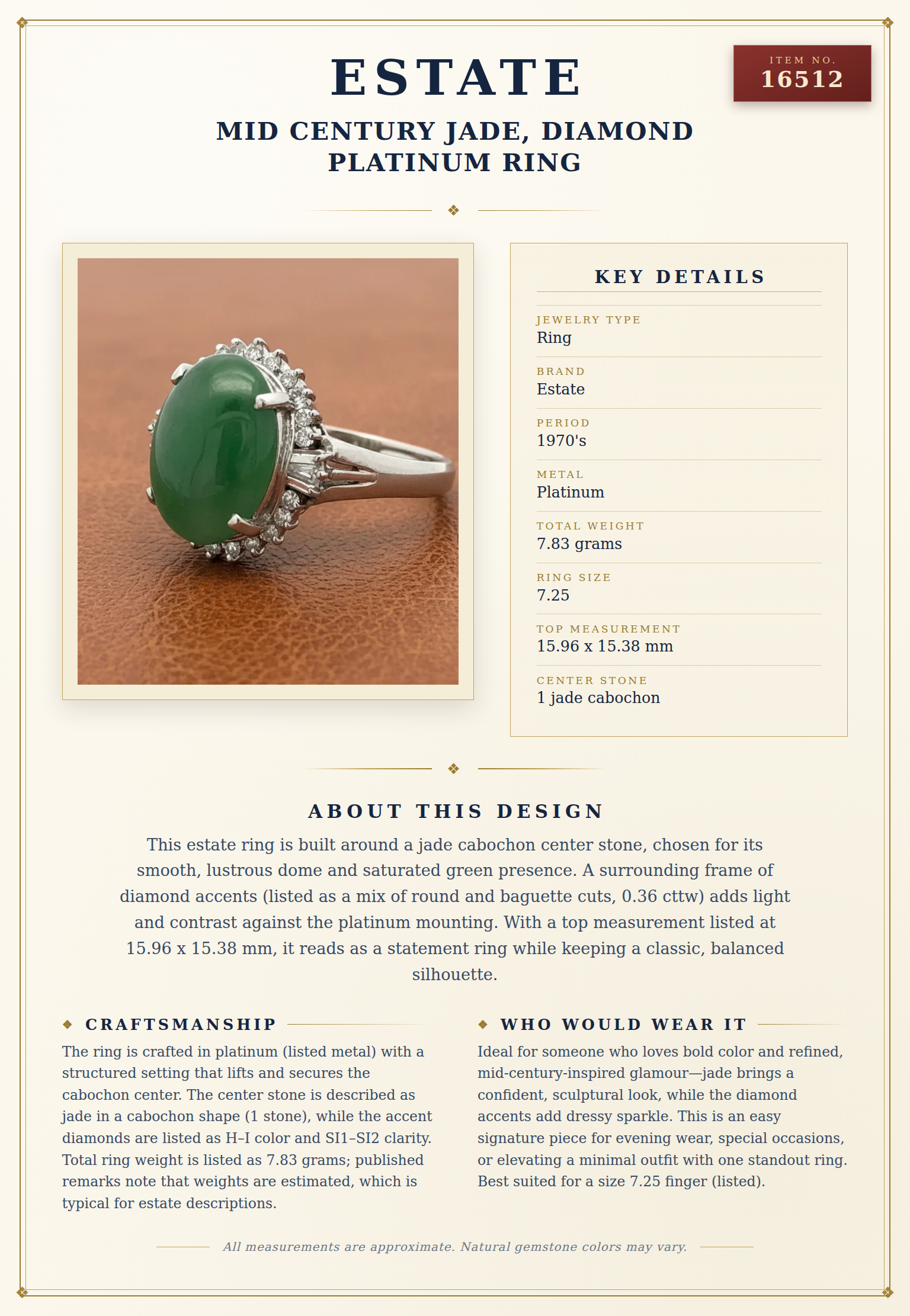 Mid Century Jade, DIamond Platinum Ring — anatomy card