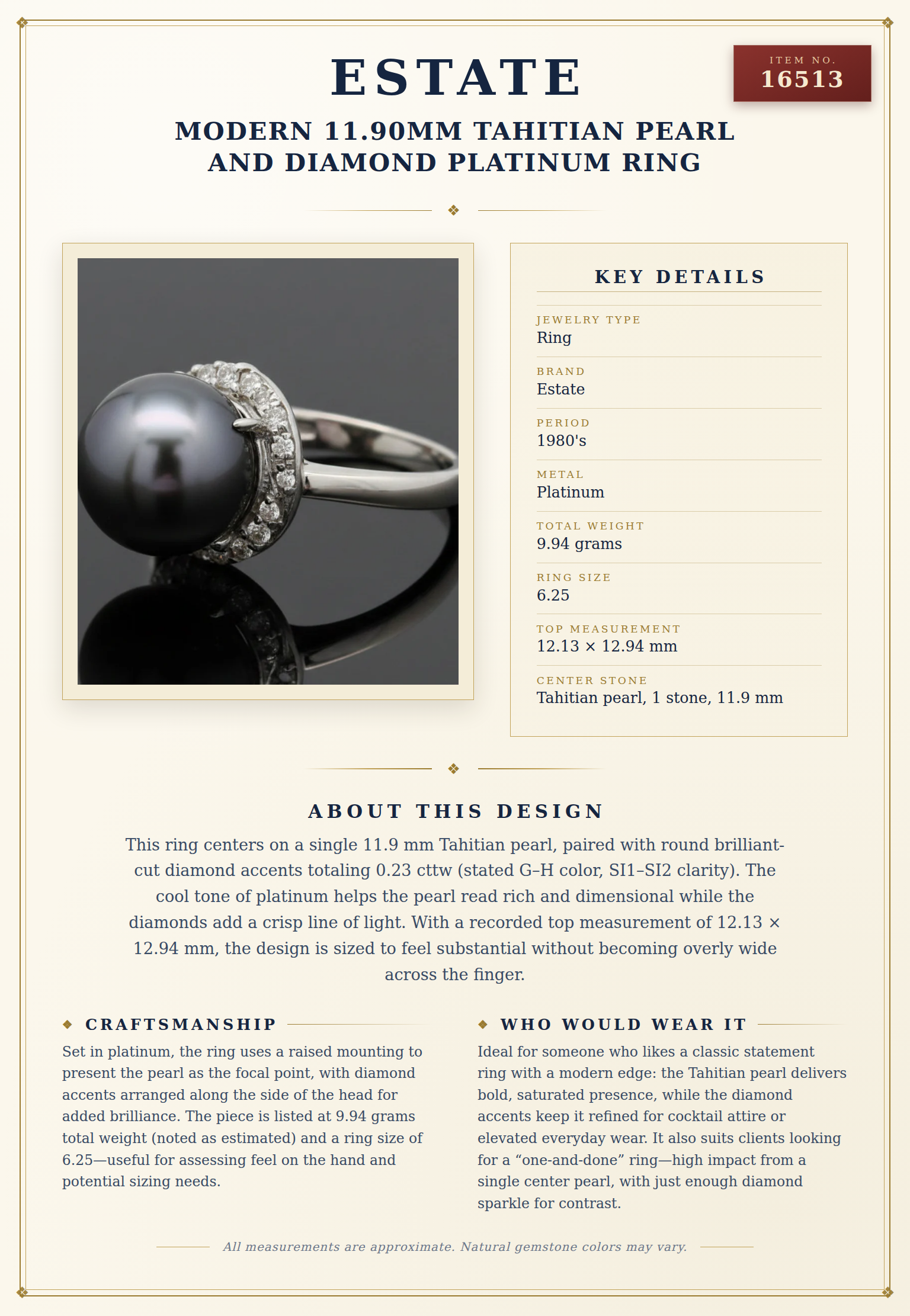 Modern 11.90mm Tahitian Pearl and Diamond Platinum Ring — anatomy card