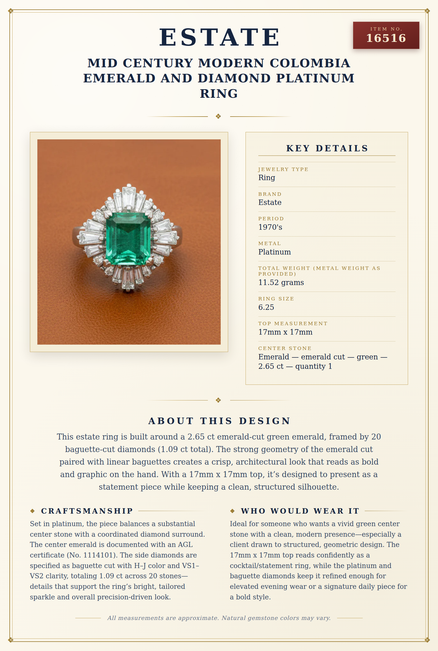 Mid Century Modern Colombia Emerald and Diamond Platinum Ring — anatomy card