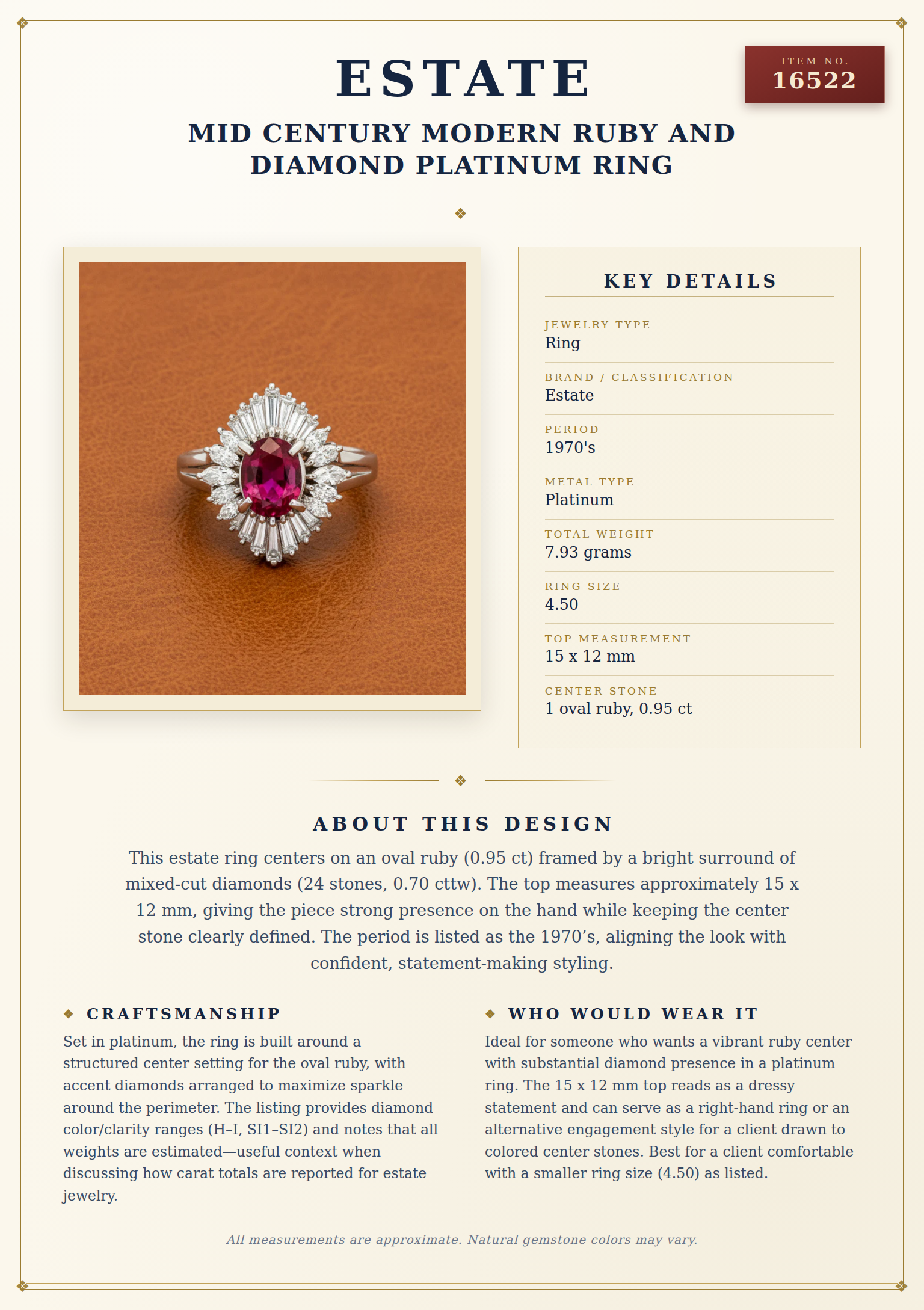 Mid Century Modern Ruby and Diamond Platinum Ring — anatomy card