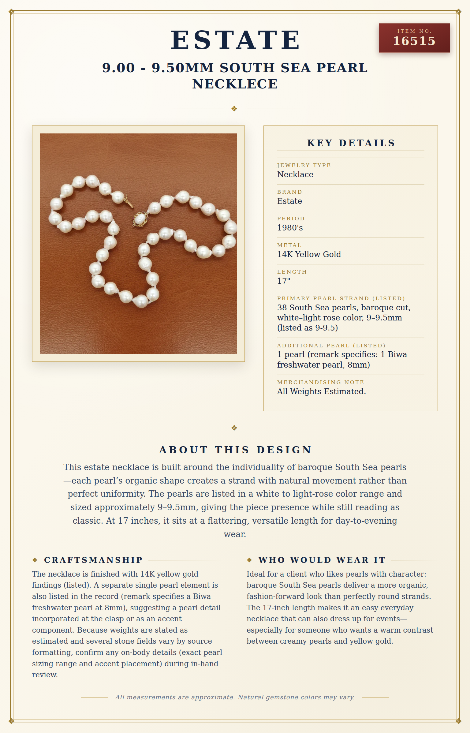 Estate 9.00 - 9.50mm South Sea Pearl Necklece — anatomy card