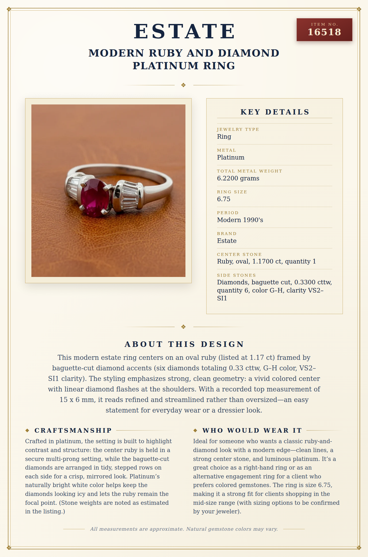 Modern Ruby and Diamond Platinum Ring — anatomy card