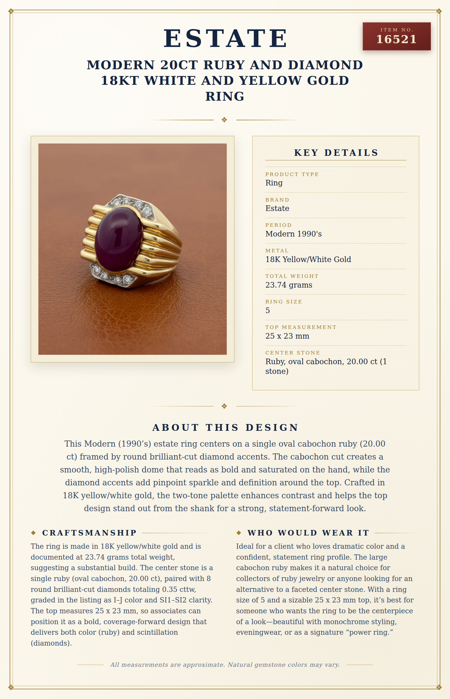 Modern 20ct Ruby and Diamond 18KT White and Yellow Gold Ring — anatomy card