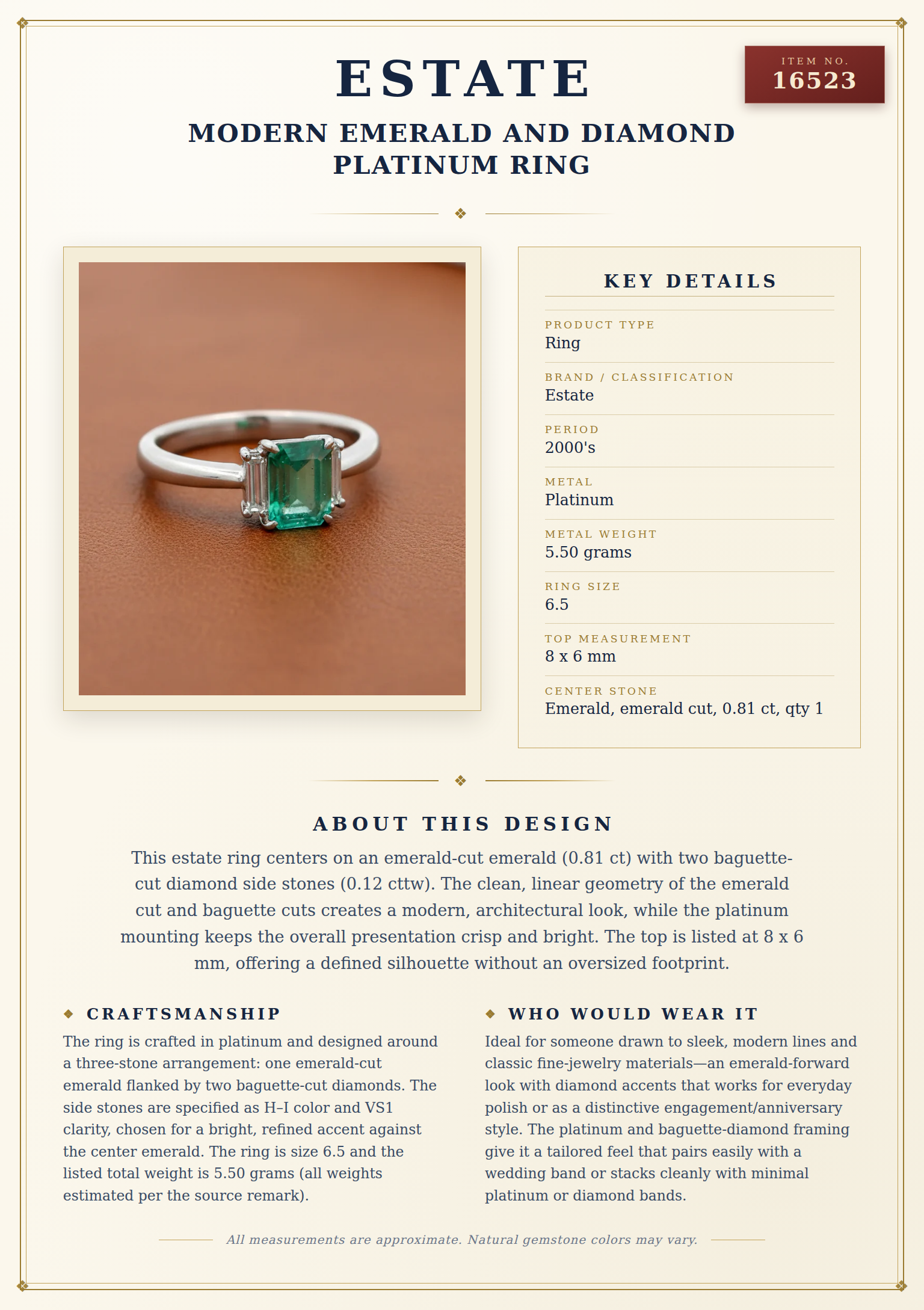 Modern Emerald and Diamond Platinum Ring — anatomy card