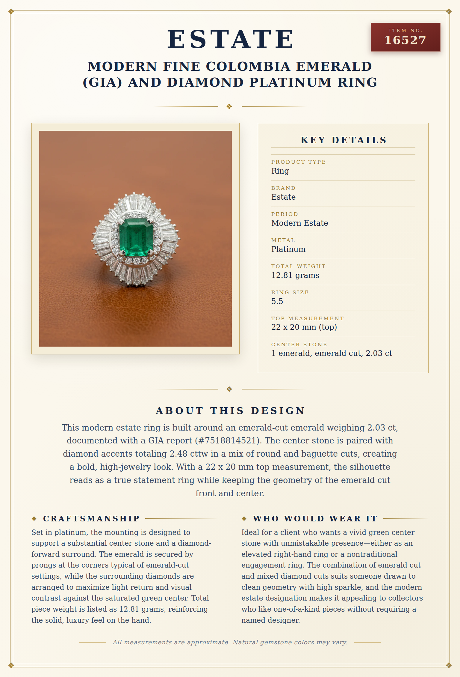 Estate Modern Fine Colombia Emerald (GIA) and Diamond Platinum Ring — anatomy card