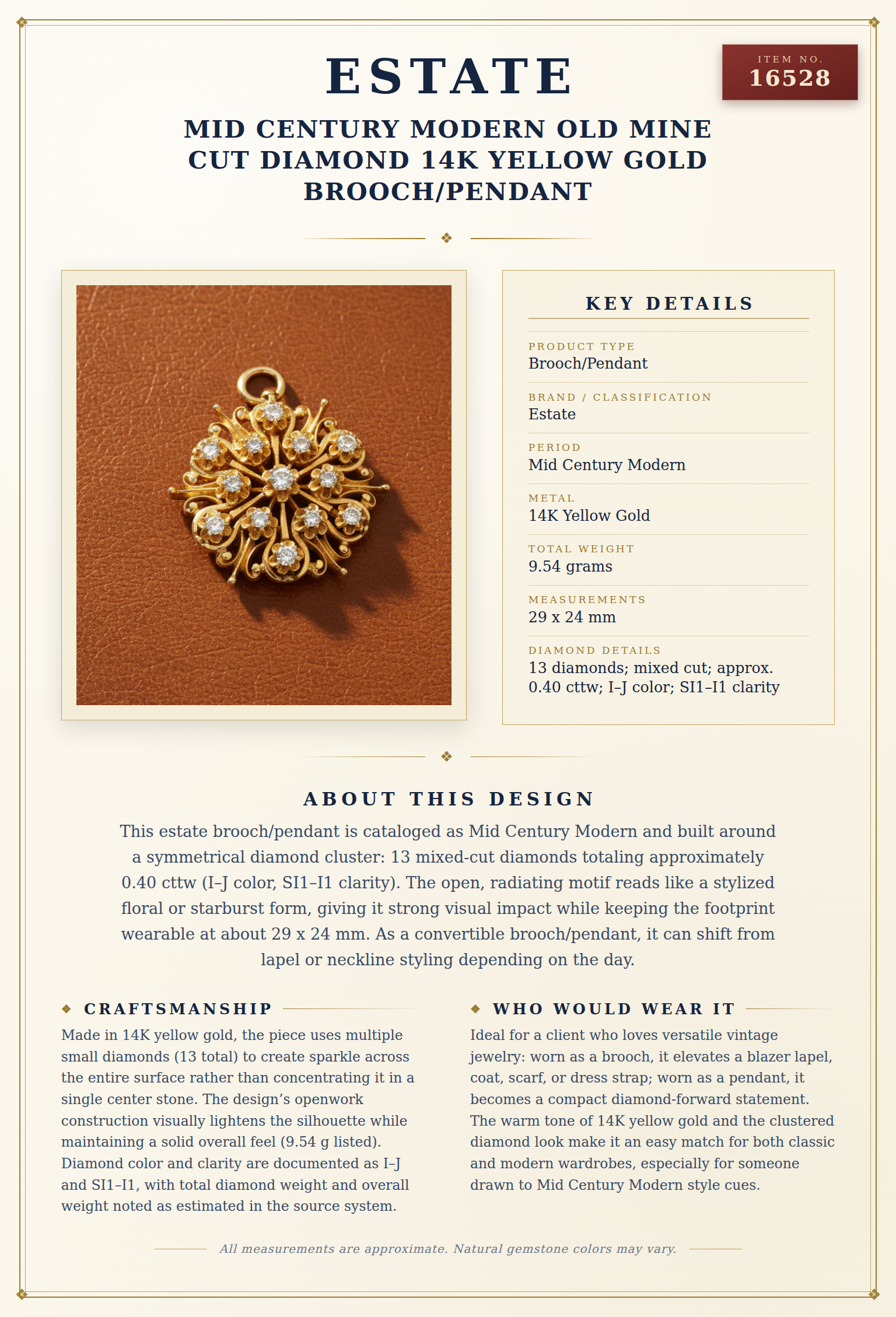 Mid Century Modern Old Mine Cut Diamond 14K Yellow Gold Brooch/Pendant — anatomy card