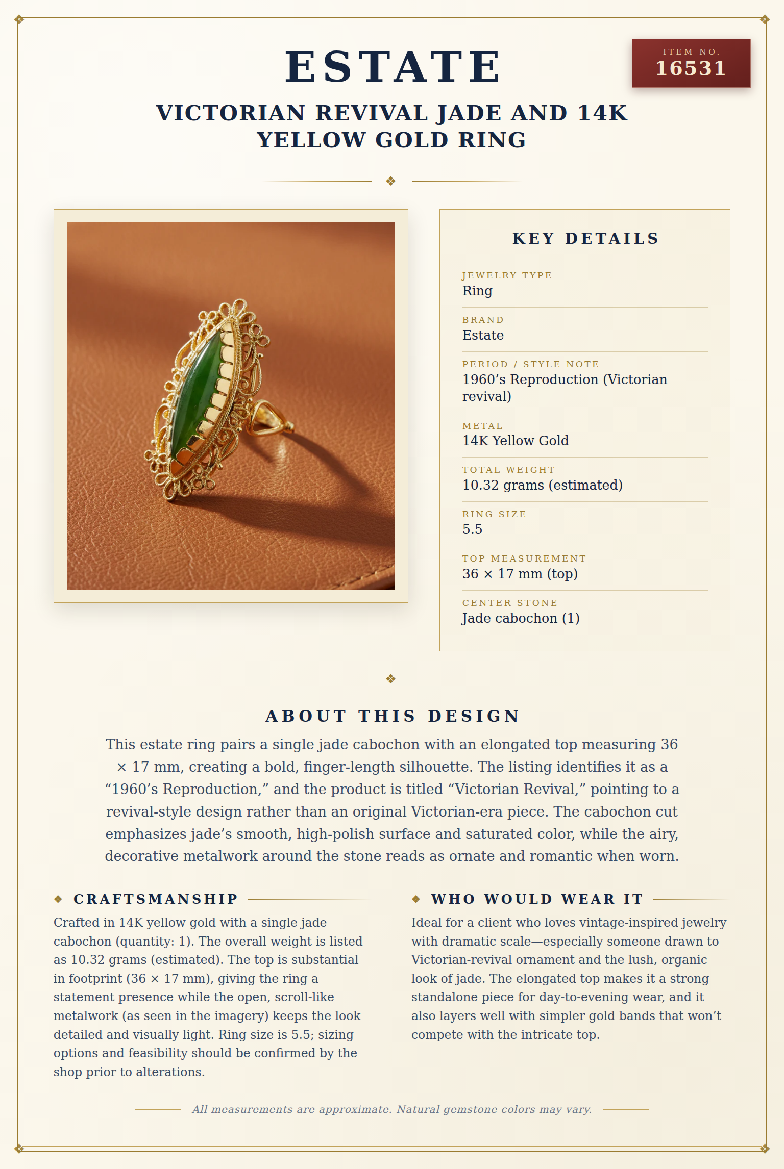 Victorian Revival Jade and 14K Yellow Gold Ring — anatomy card