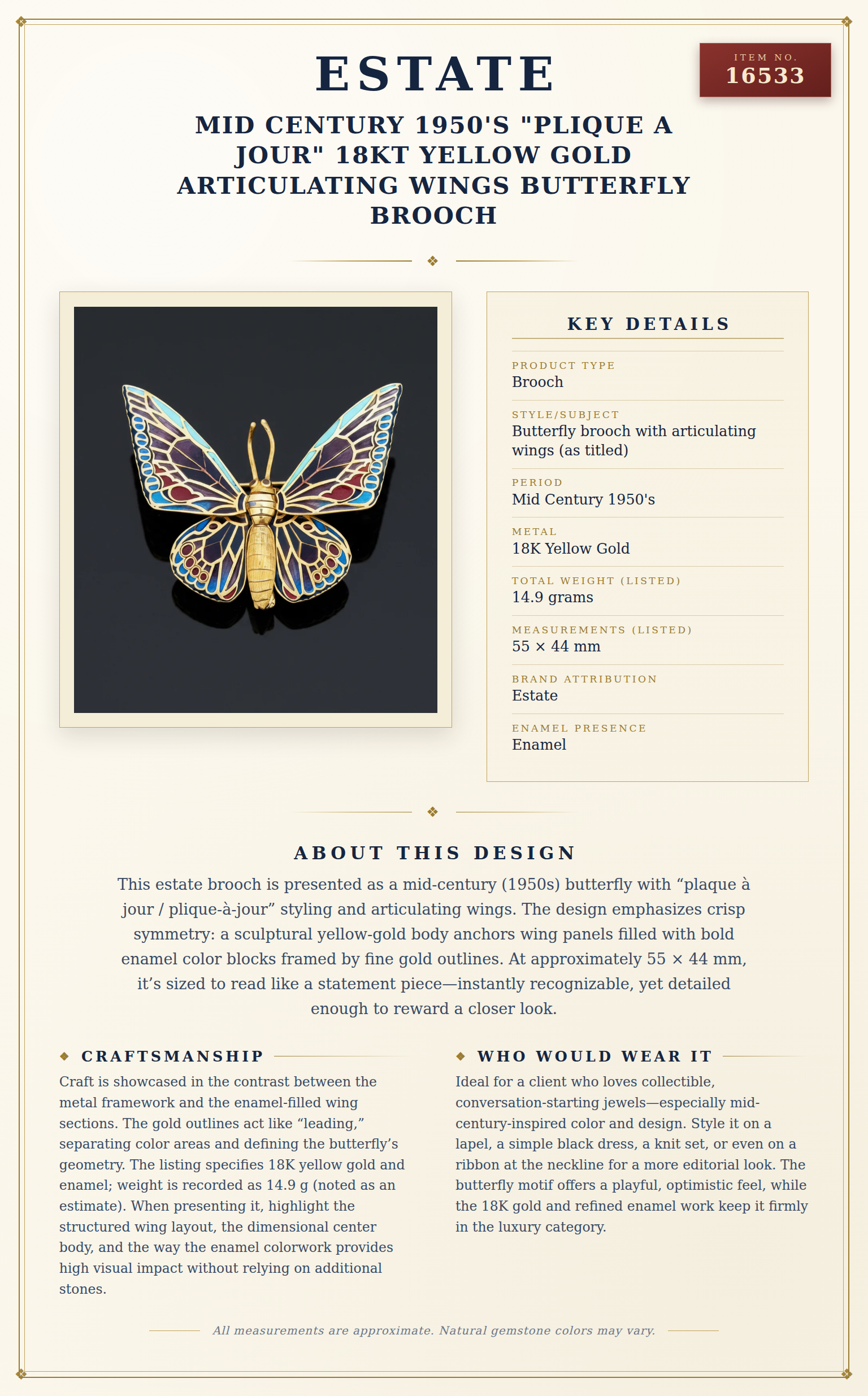 Mid Century 1950's "Plique A Jour" 18Kt Yellow Gold Articulating Wings Butterfly Brooch — anatomy card