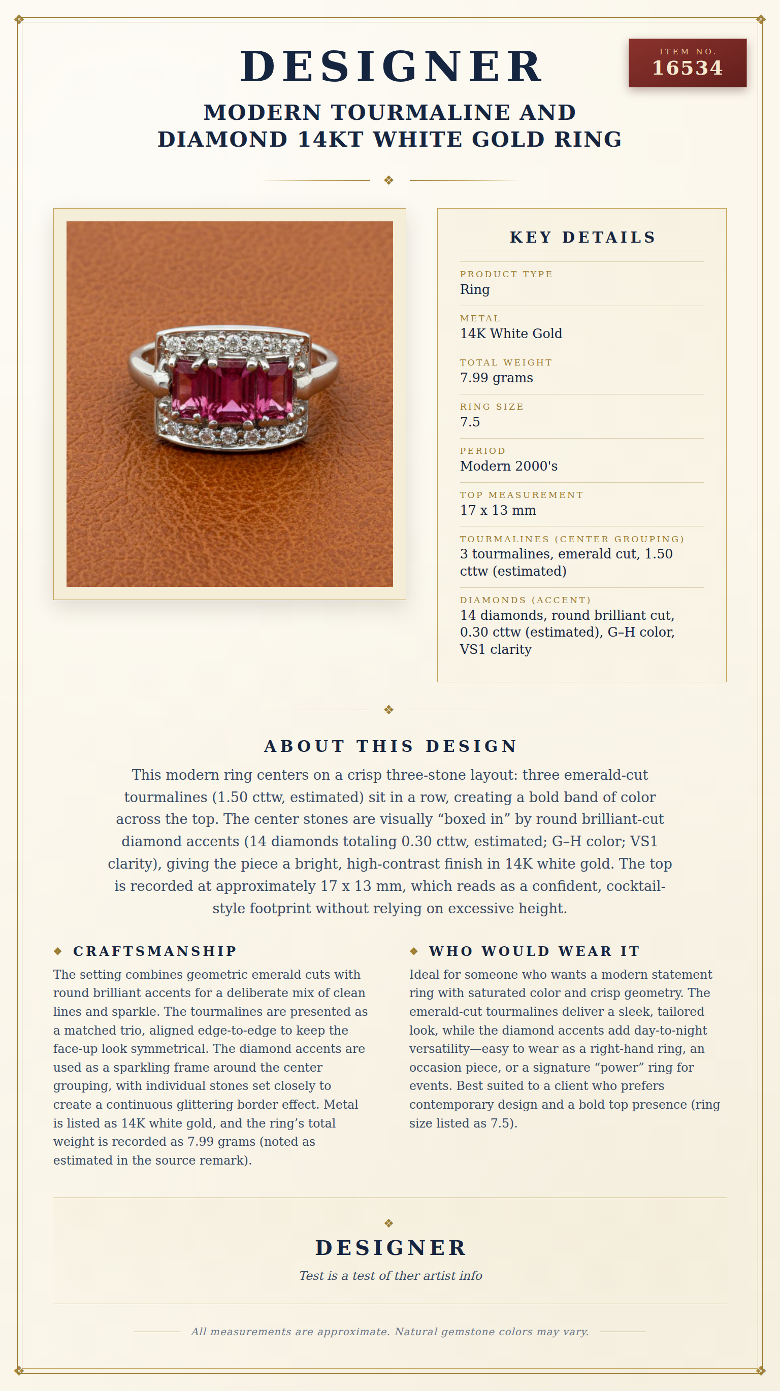 Modern Tourmaline and Diamond 14Kt White Gold RIng — anatomy card