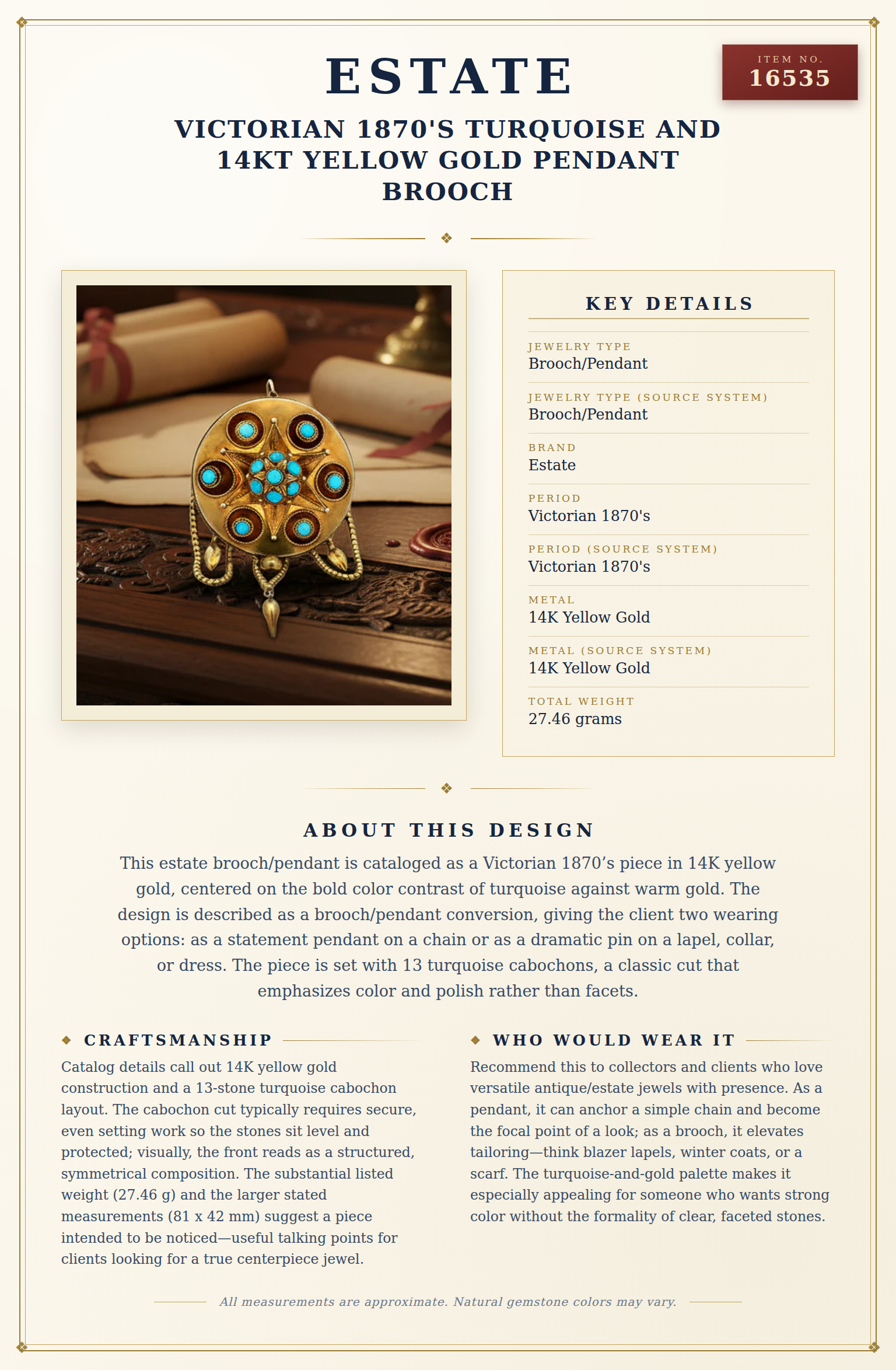Victorian 1870's Turquoise and 14Kt Yellow Gold Pendant Brooch — anatomy card