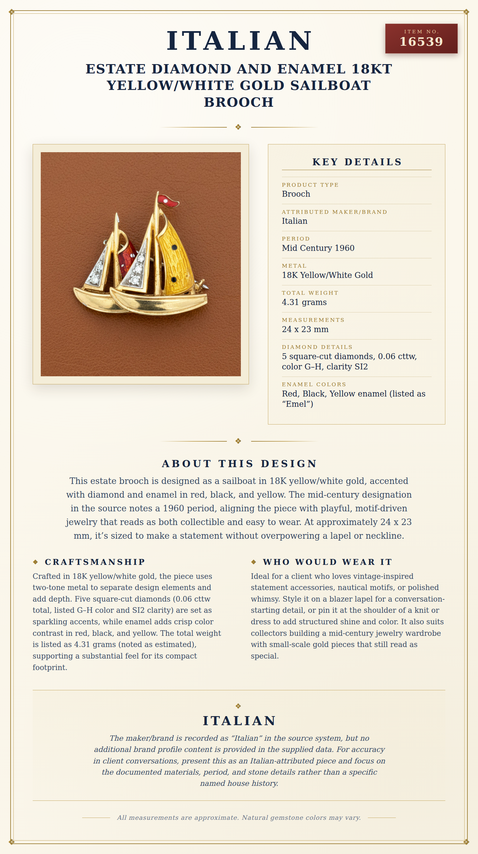 Estate Diamond and Enamel 18Kt Yellow/White Gold Sailboat Brooch — anatomy card