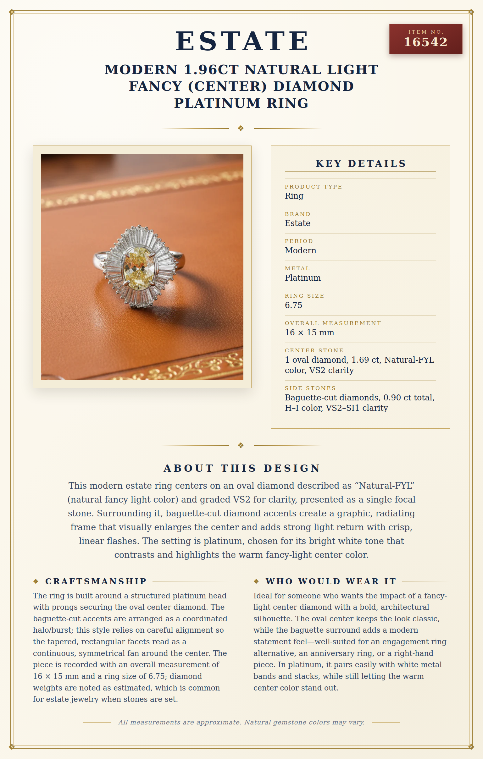 Modern 1.96ct Natural Light Fancy (Center) Diamond Platinum Ring — anatomy card