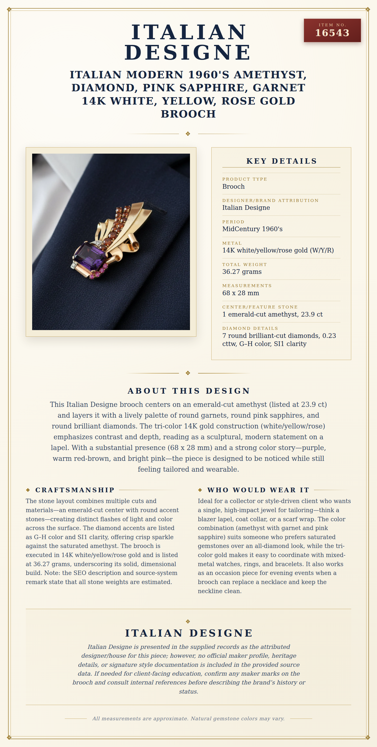 Italian Modern 1960's Amethyst, Diamond, Pink Sapphire, Garnet 14K White, Yellow, Rose Gold Brooch — anatomy card