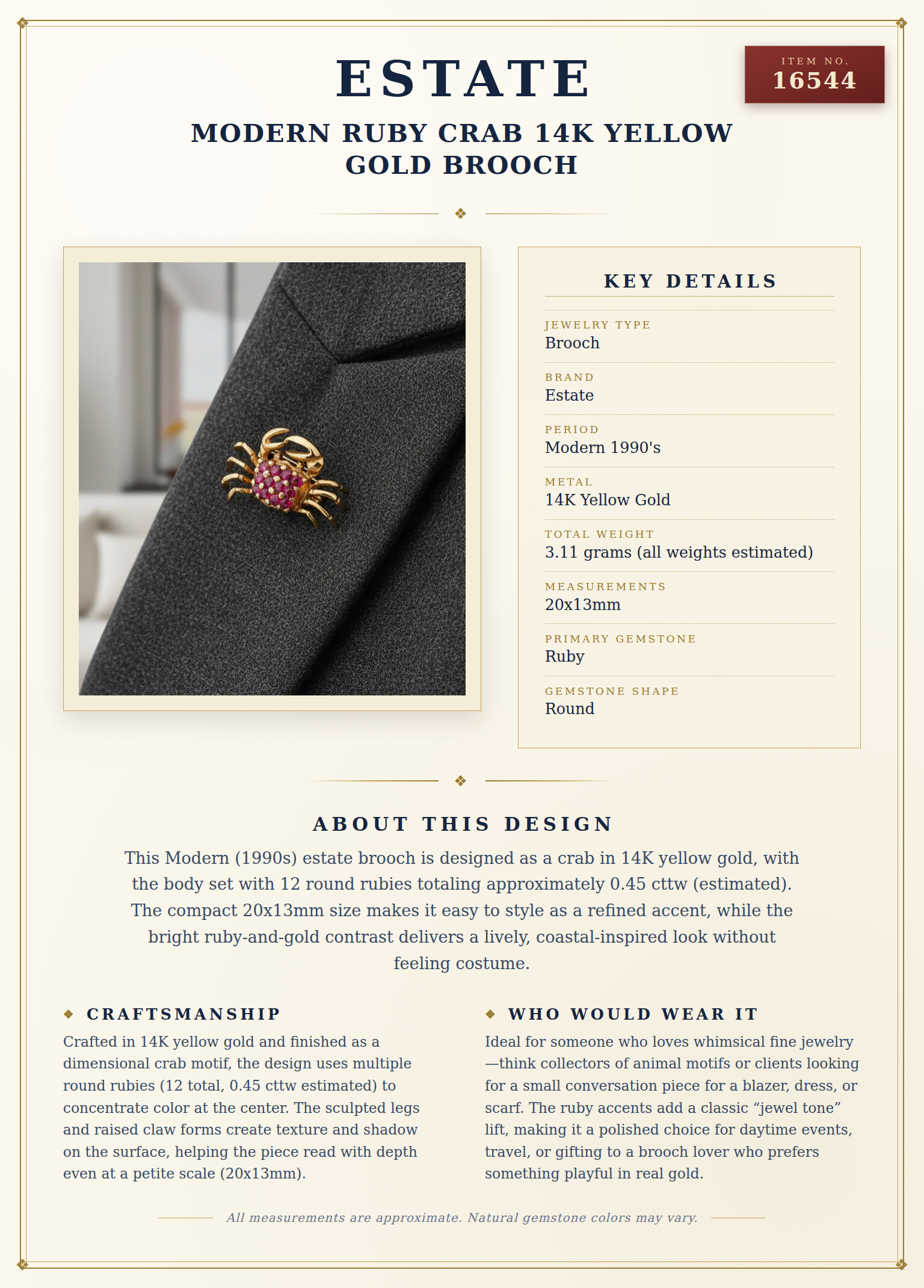 Modern Ruby Crab 14K Yellow Gold Brooch — anatomy card