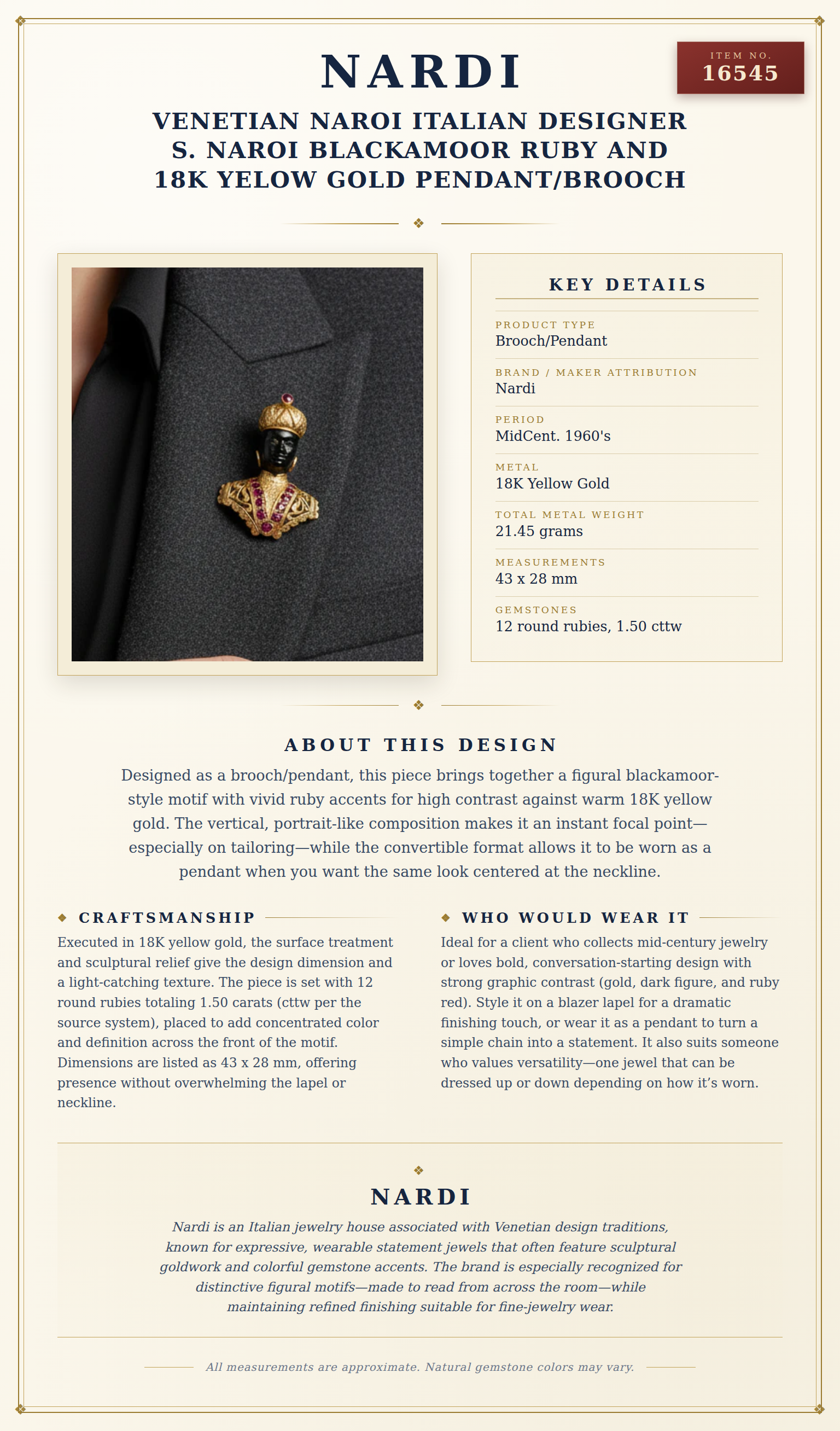 Venetian Naroi Italian Designer S. Naroi Blackamoor Ruby and 18K Yelow Gold Pendant/Brooch — anatomy card