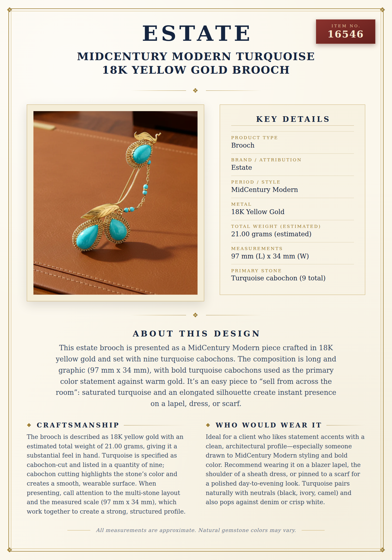 MidCentury Modern Turquoise 18K Yellow Gold Brooch — anatomy card