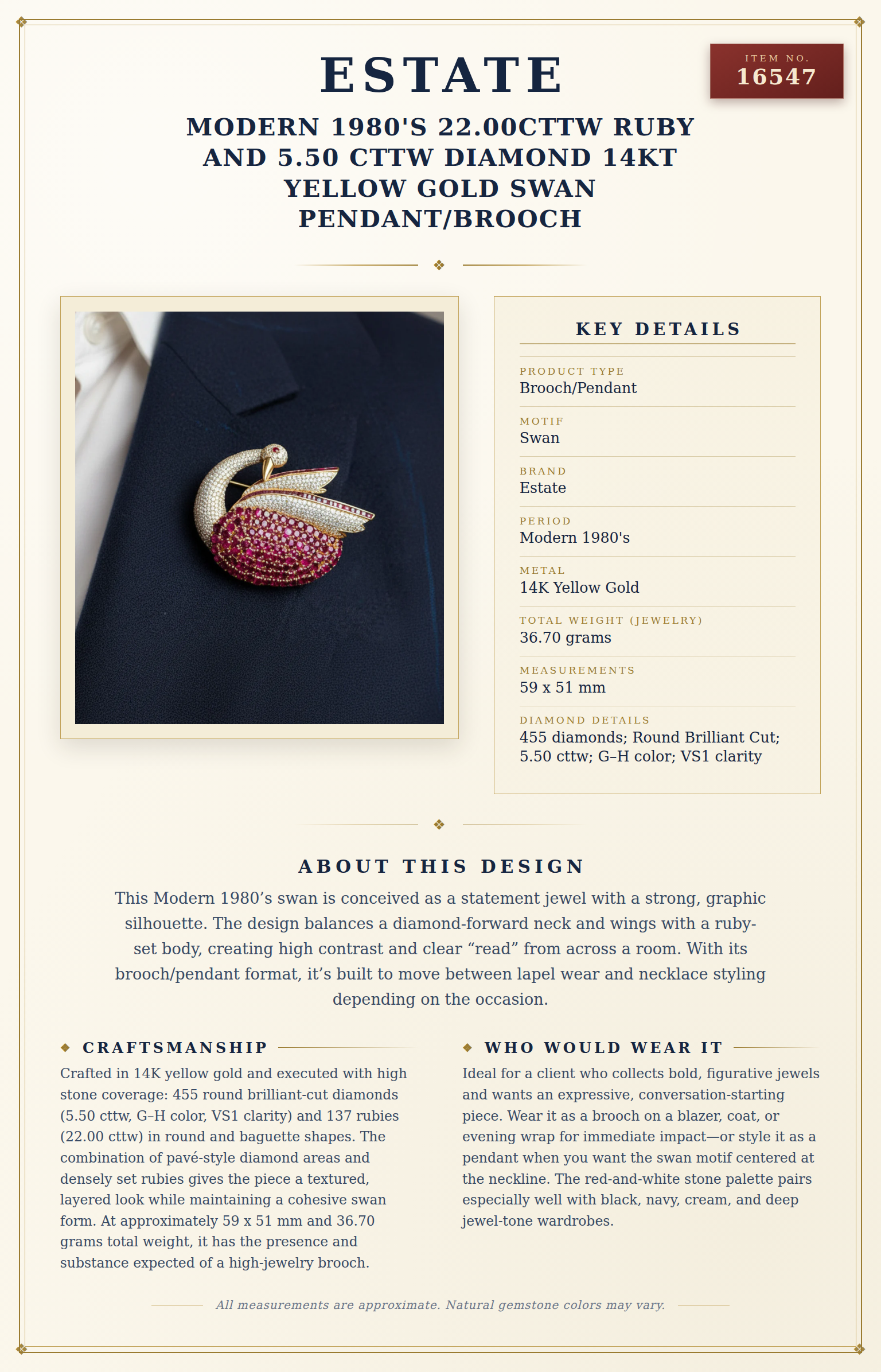 Modern 1980's 22.00cttw Ruby and 5.50 cttw Diamond 14Kt Yellow Gold Swan Pendant/Brooch — anatomy card
