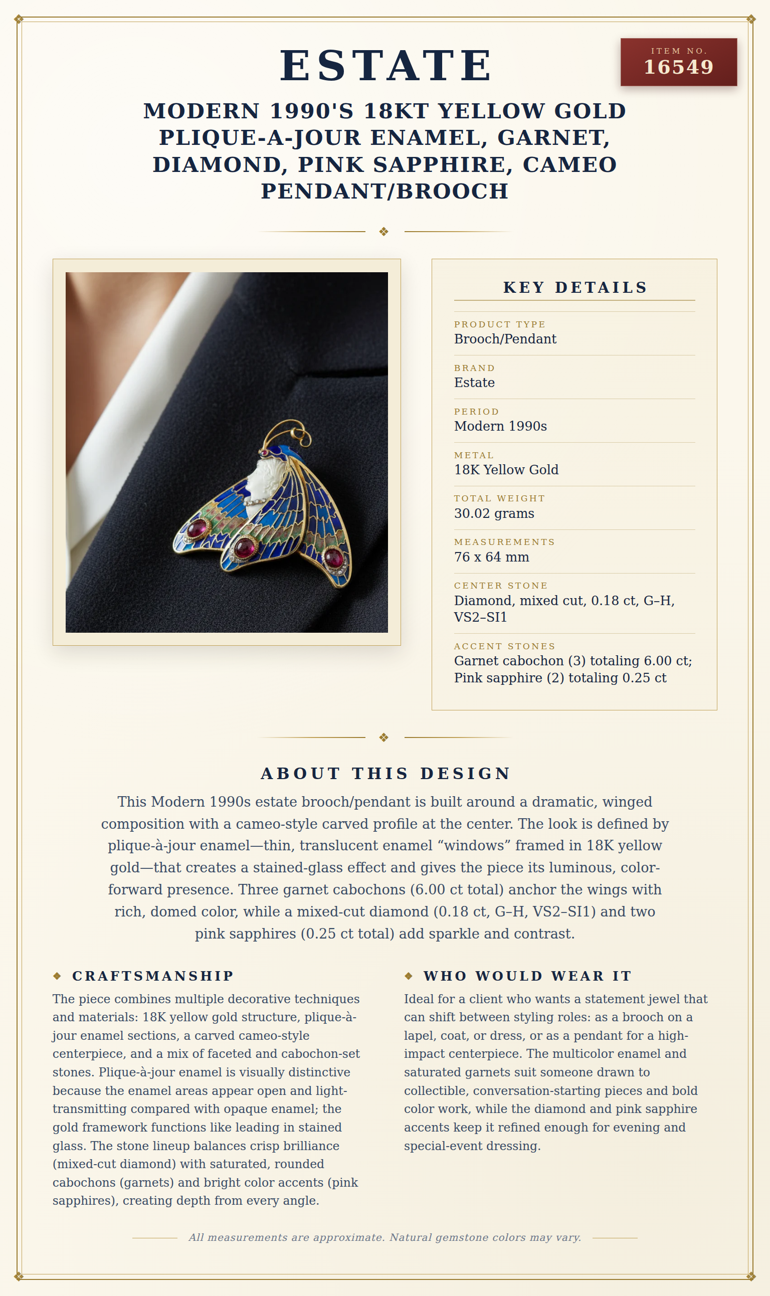 Modern 1990's 18kt Yellow Gold Plique-A-Jour Enamel, Garnet, diamond, Pink Sapphire, Cameo Pendant/Brooch — anatomy card
