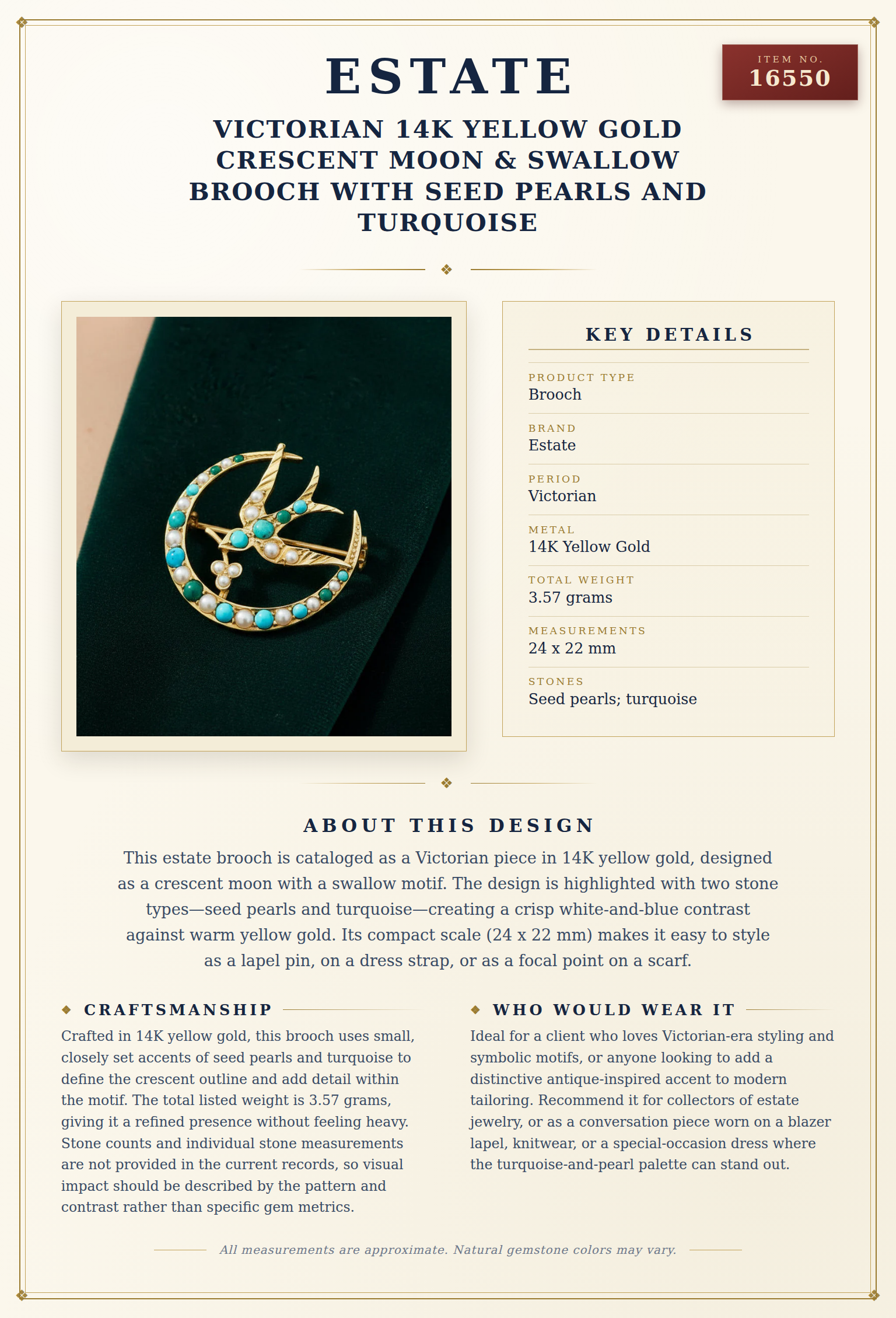 Victorian 14k Yellow Gold Crescent Moon & Swallow Brooch with Seed Pearls and Turquoise — anatomy card