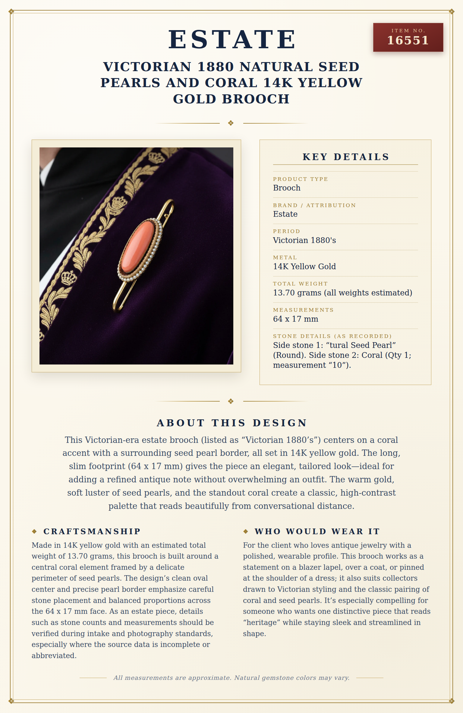 Victorian 1880 Natural Seed Pearls and Coral 14K Yellow Gold Brooch — anatomy card