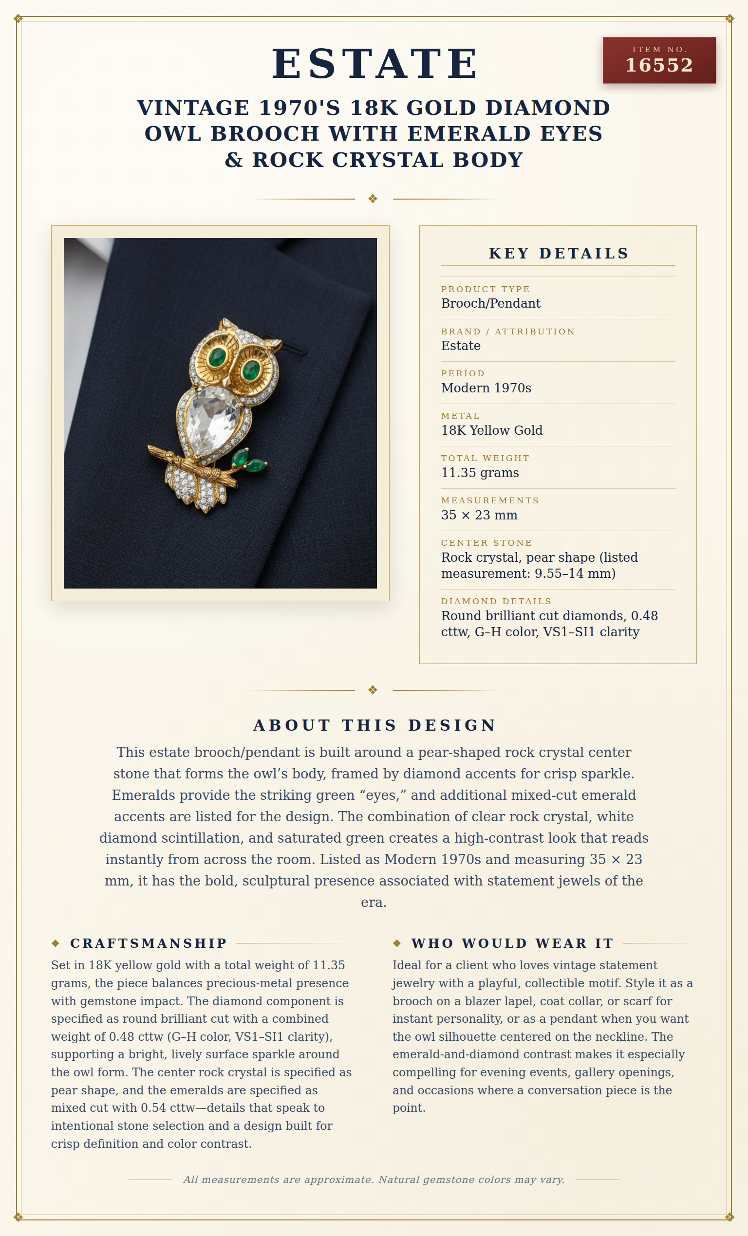 Vintage 1970's 18k Gold Diamond Owl Brooch with Emerald Eyes & Rock Crystal Body — anatomy card