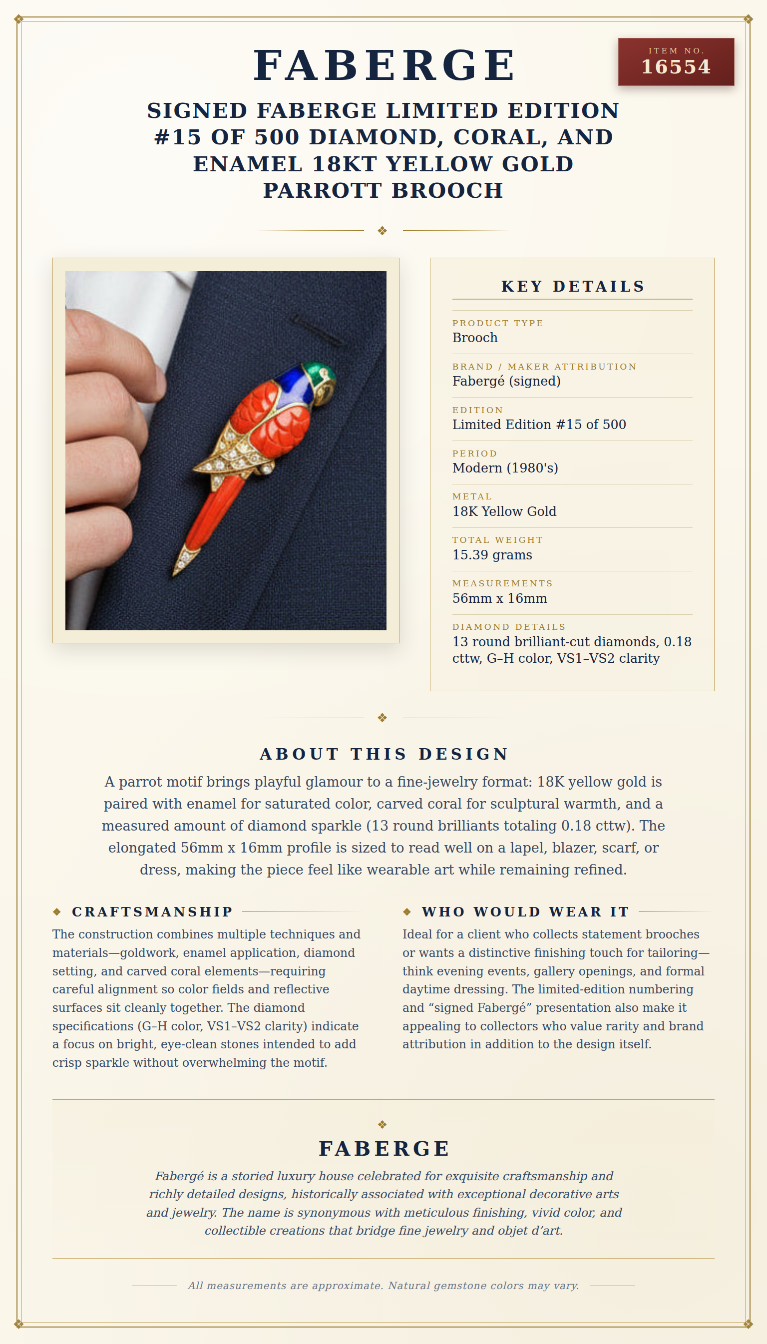 Signed Faberge Limited Edition #15 of 500 Diamond, Coral, and Enamel 18kt Yellow Gold Parrott Brooch — anatomy card