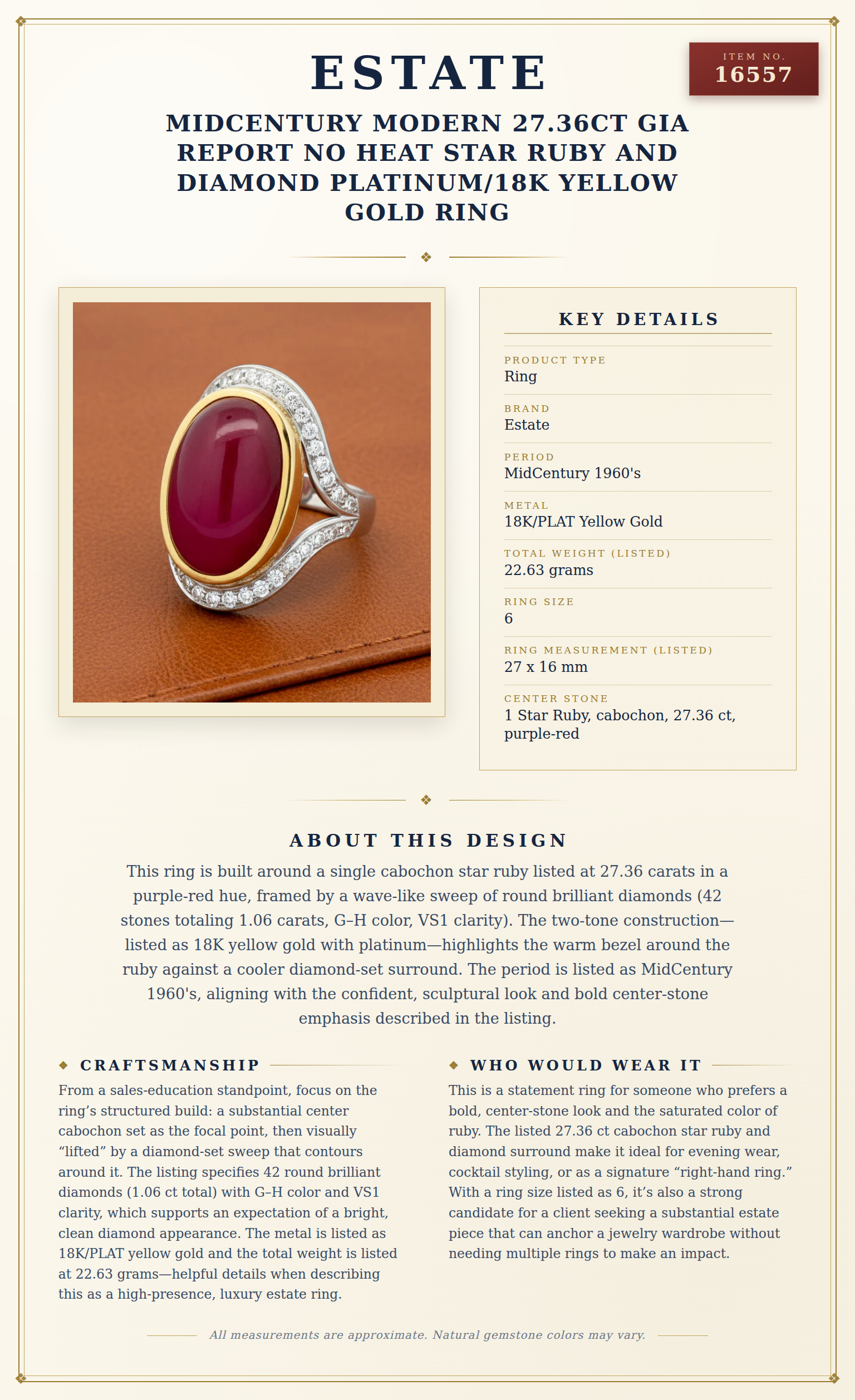 MidCentury Modern 27.36ct GIA Report No Heat Star Ruby and Diamond Platinum/18k Yellow Gold Ring — anatomy card