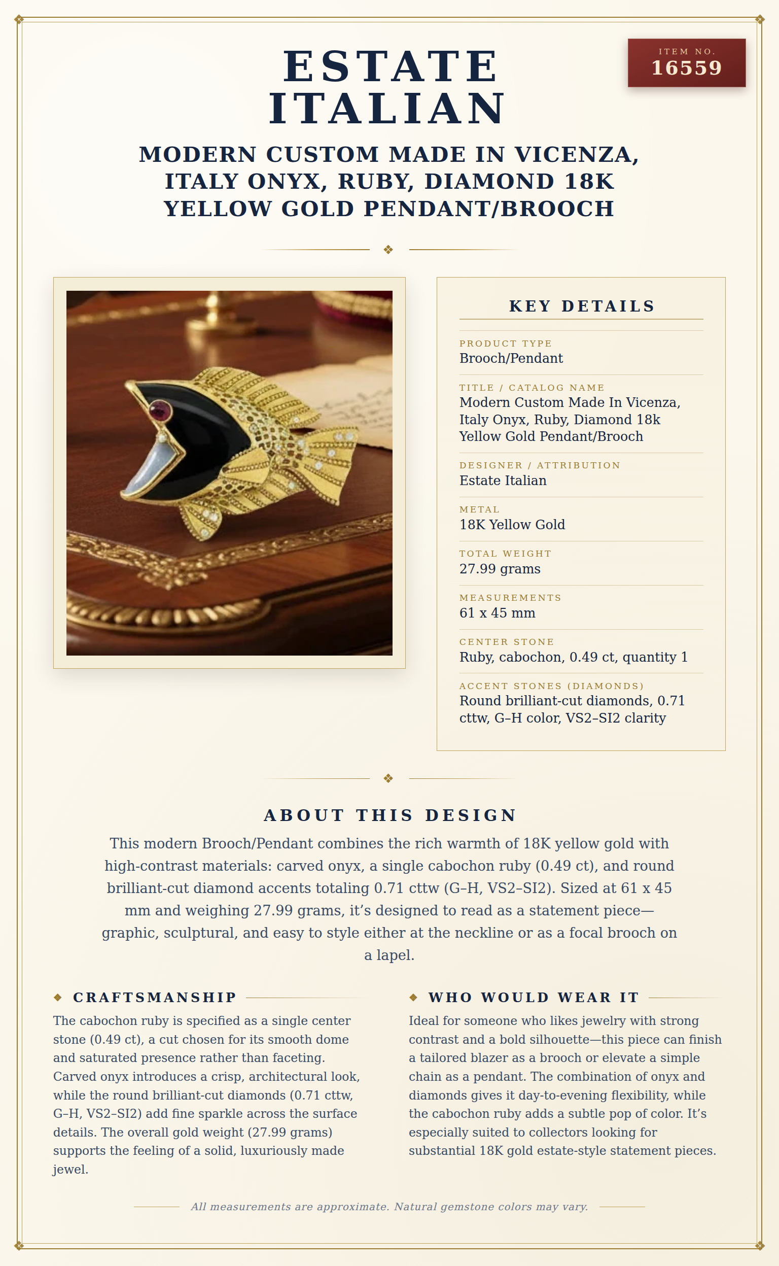Modern Custom Made In Vicenza, Italy Onyx, Ruby, Diamond 18k Yellow Gold Pendant/Brooch — anatomy card