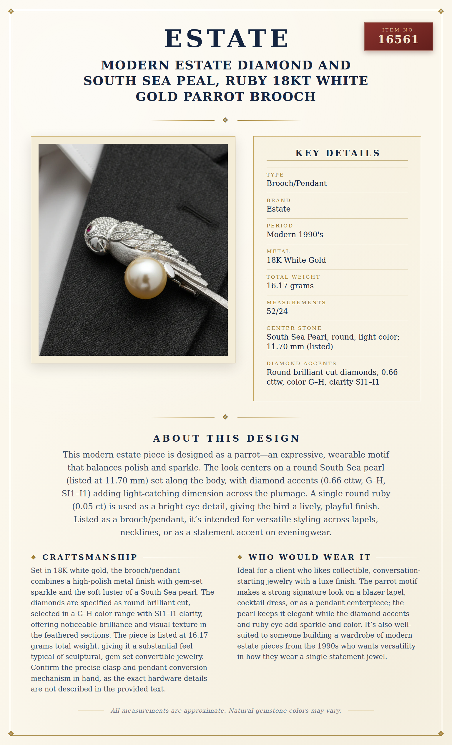 Modern Estate Diamond and South Sea Peal, Ruby 18Kt White Gold Parrot Brooch — anatomy card