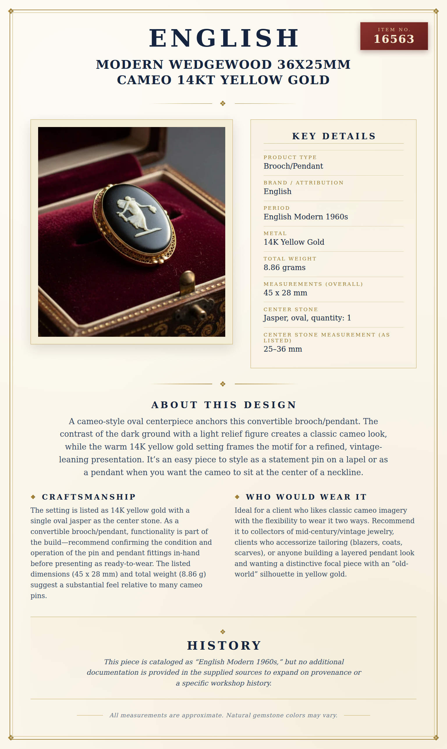 English Modern Wedgewood 36x25mm Cameo 14kt Yellow Gold — anatomy card