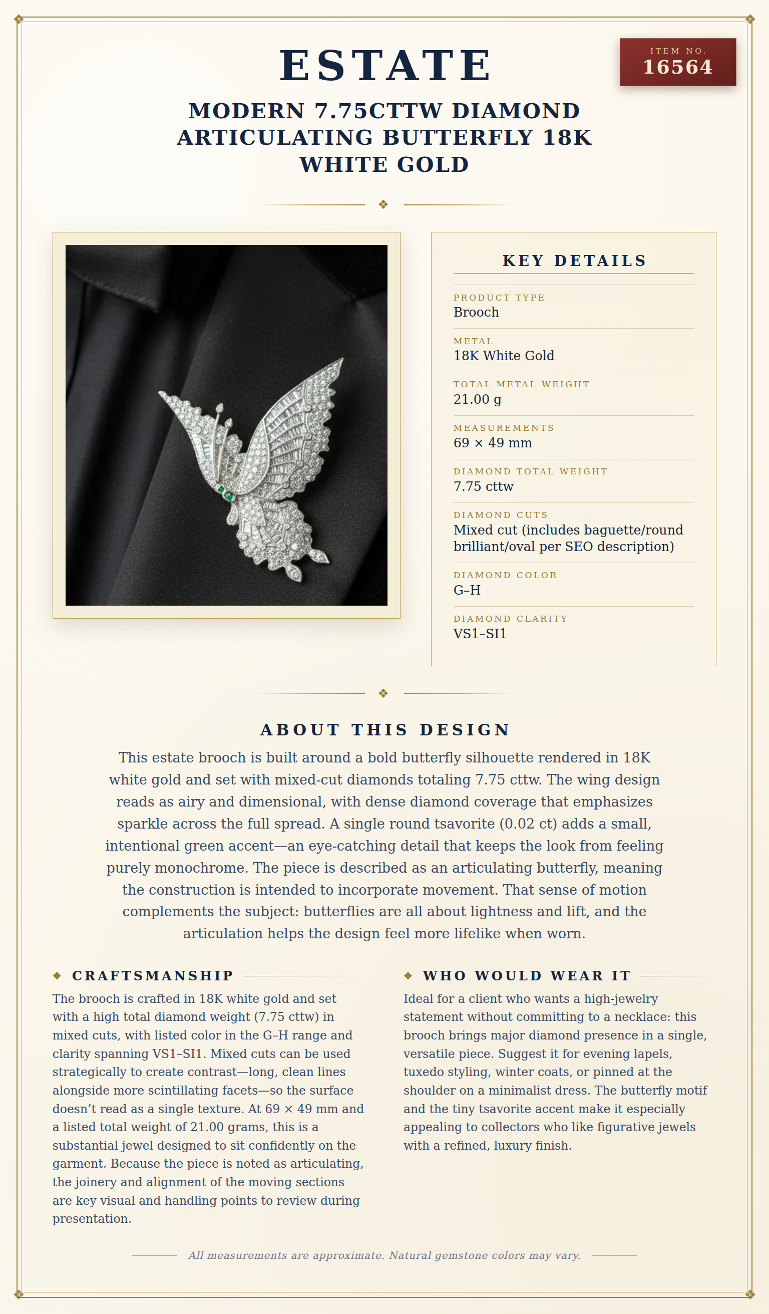 Modern 7.75cttw Diamond Articulating Butterfly 18k White Gold — anatomy card