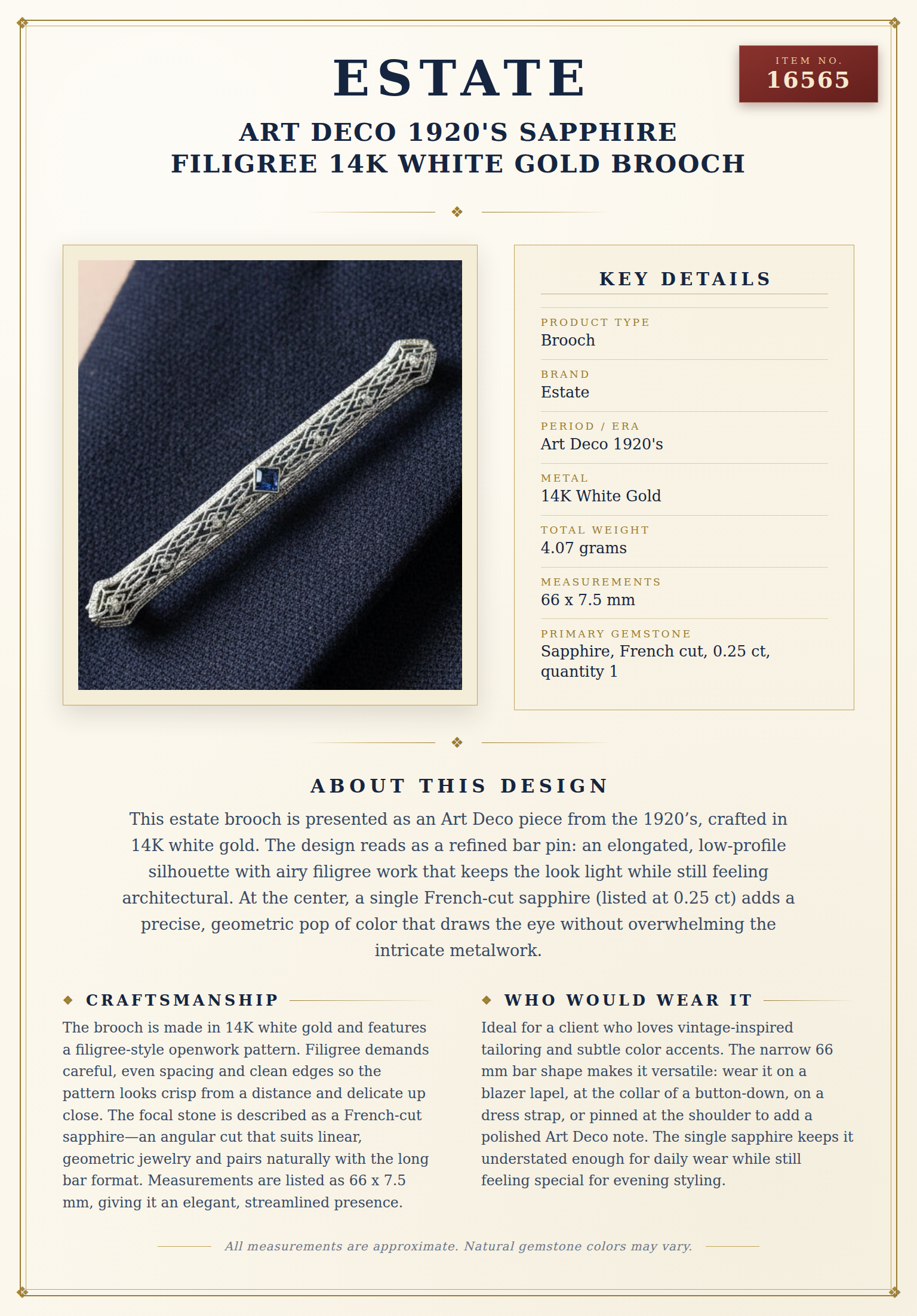 Art Deco 1920's Sapphire Filigree 14K White Gold Brooch — anatomy card