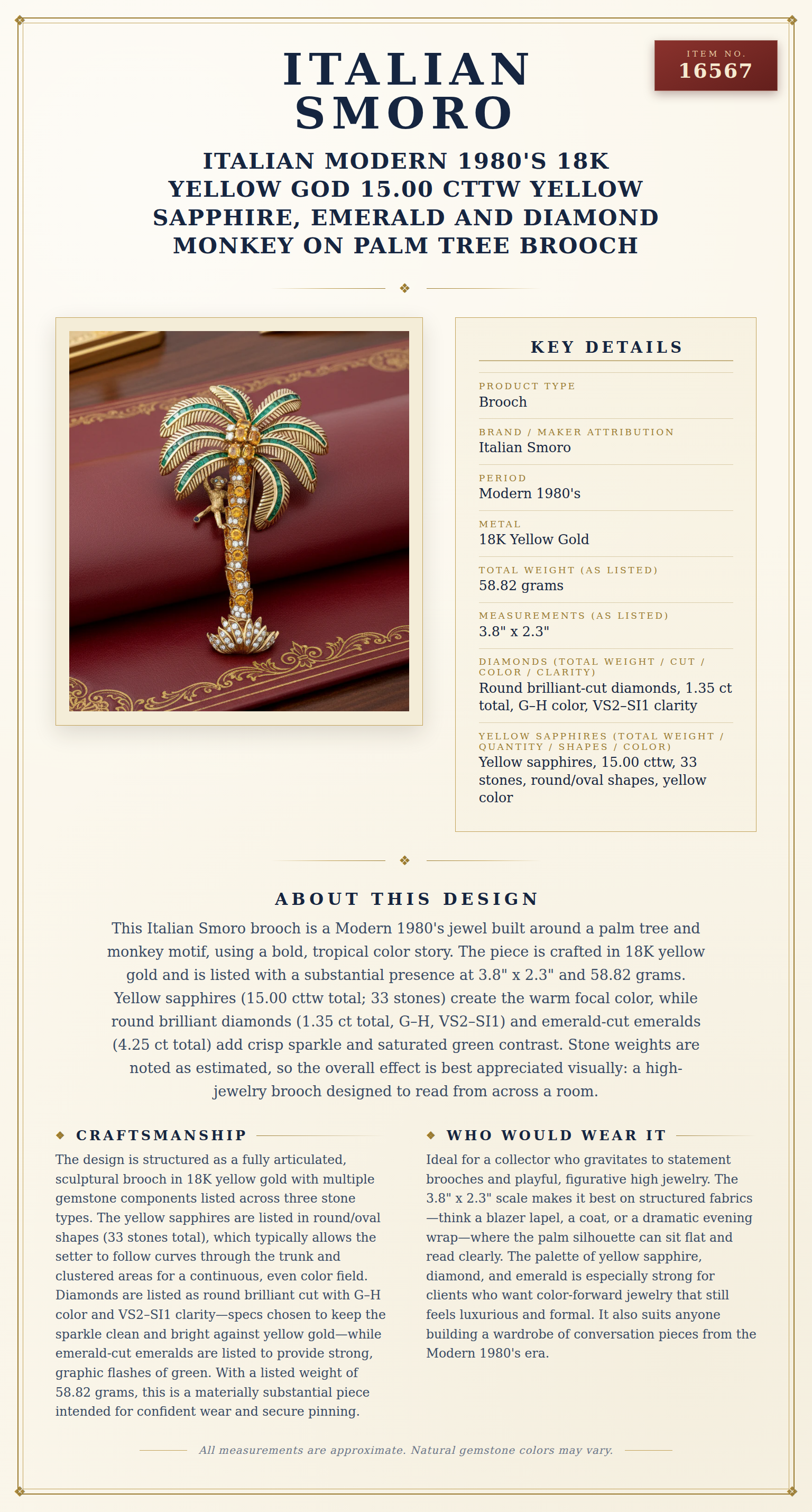 Italian Modern 1980's 18K Yellow God 15.00 cttw Yellow Sapphire, Emerald and Diamond Monkey on Palm Tree Brooch — anatomy card