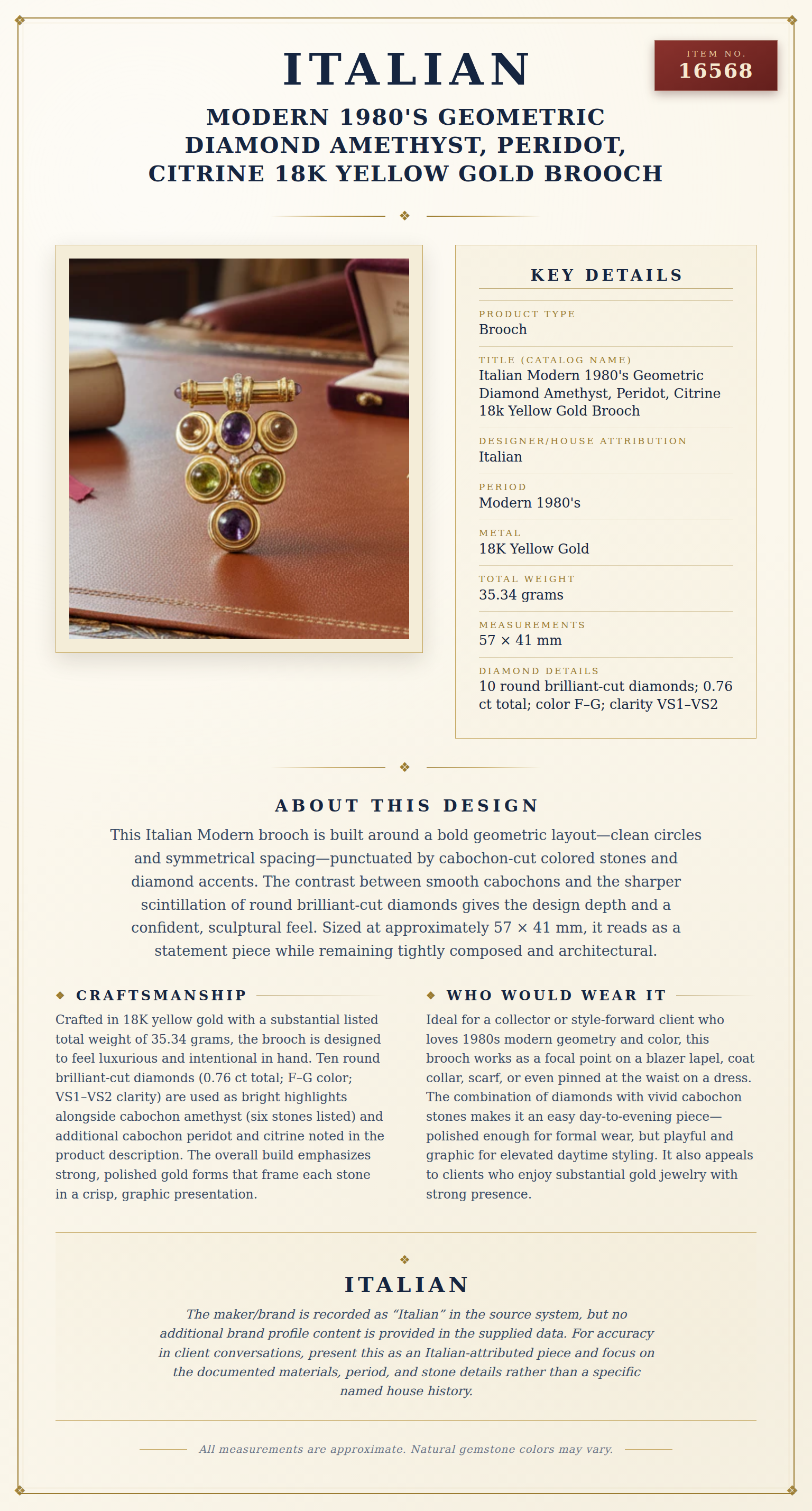 Italian Modern 1980's Geometric Diamond Amethyst, Peridot, Citrine 18k Yellow Gold Brooch — anatomy card