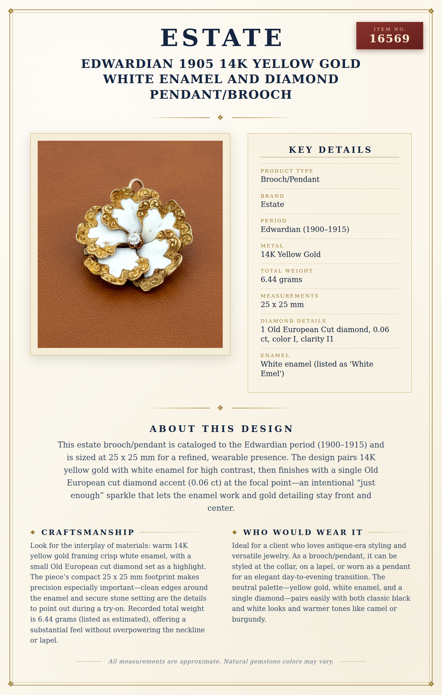 Edwardian 1905 14K Yellow Gold White Enamel and Diamond Pendant/Brooch — anatomy card