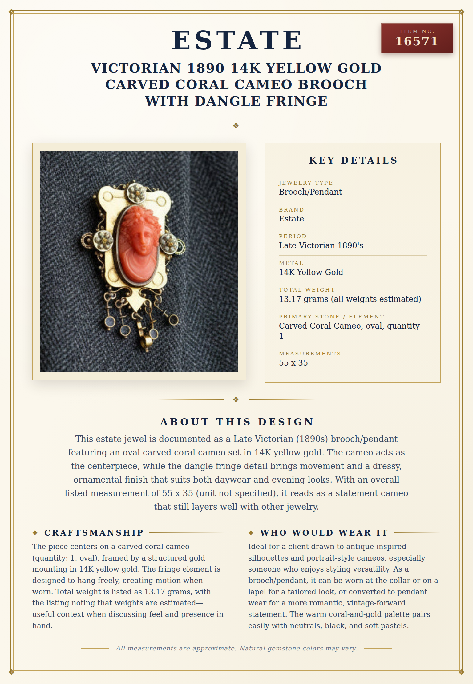 Victorian 1890 14K Yellow Gold Carved Coral Cameo Brooch with Dangle Fringe — anatomy card