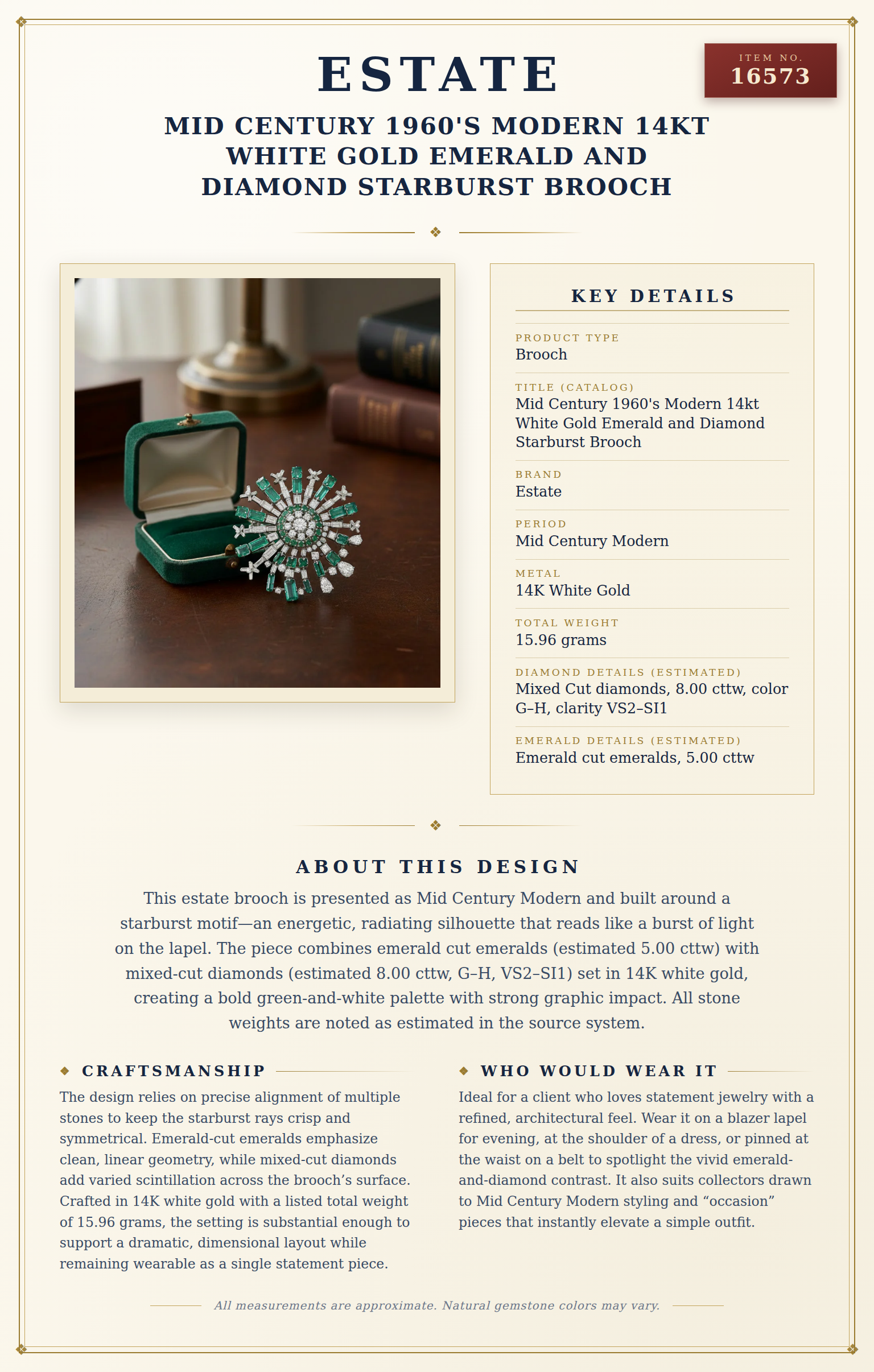 Mid Century 1960's Modern 14kt White Gold Emerald and Diamond Starburst Brooch — anatomy card