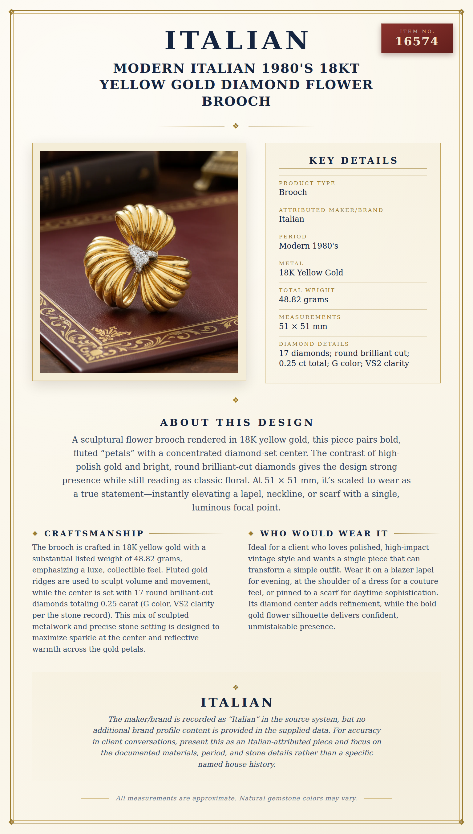 Modern Italian 1980's 18kt Yellow Gold Diamond Flower Brooch — anatomy card