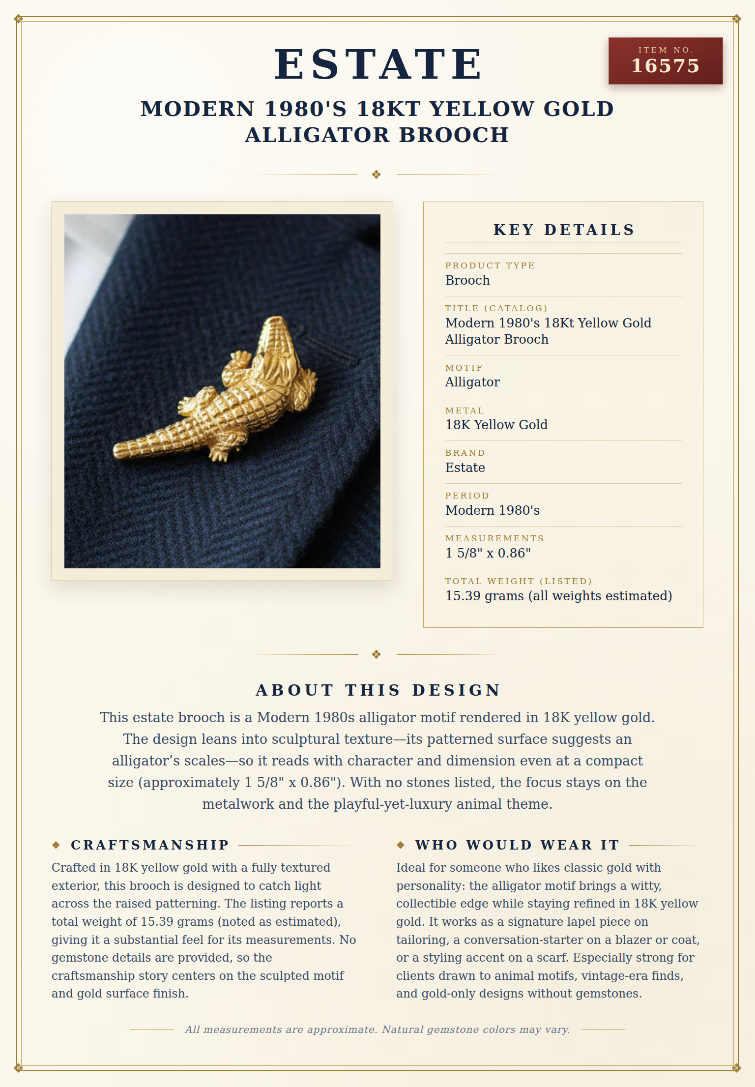 Modern 1980's 18Kt Yellow Gold Alligator Brooch — anatomy card