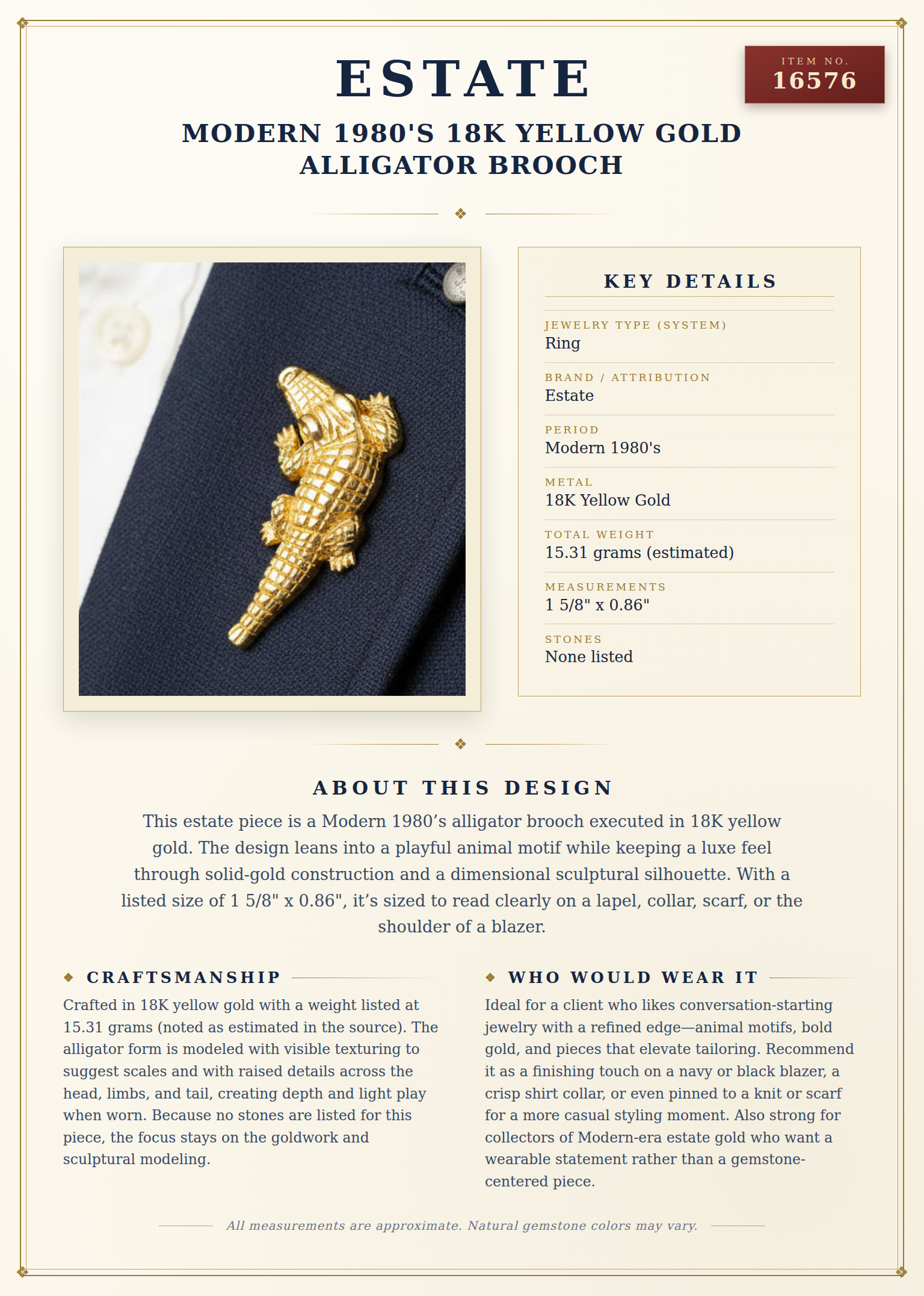 Modern 1980's 18K Yellow Gold Alligator Brooch — anatomy card