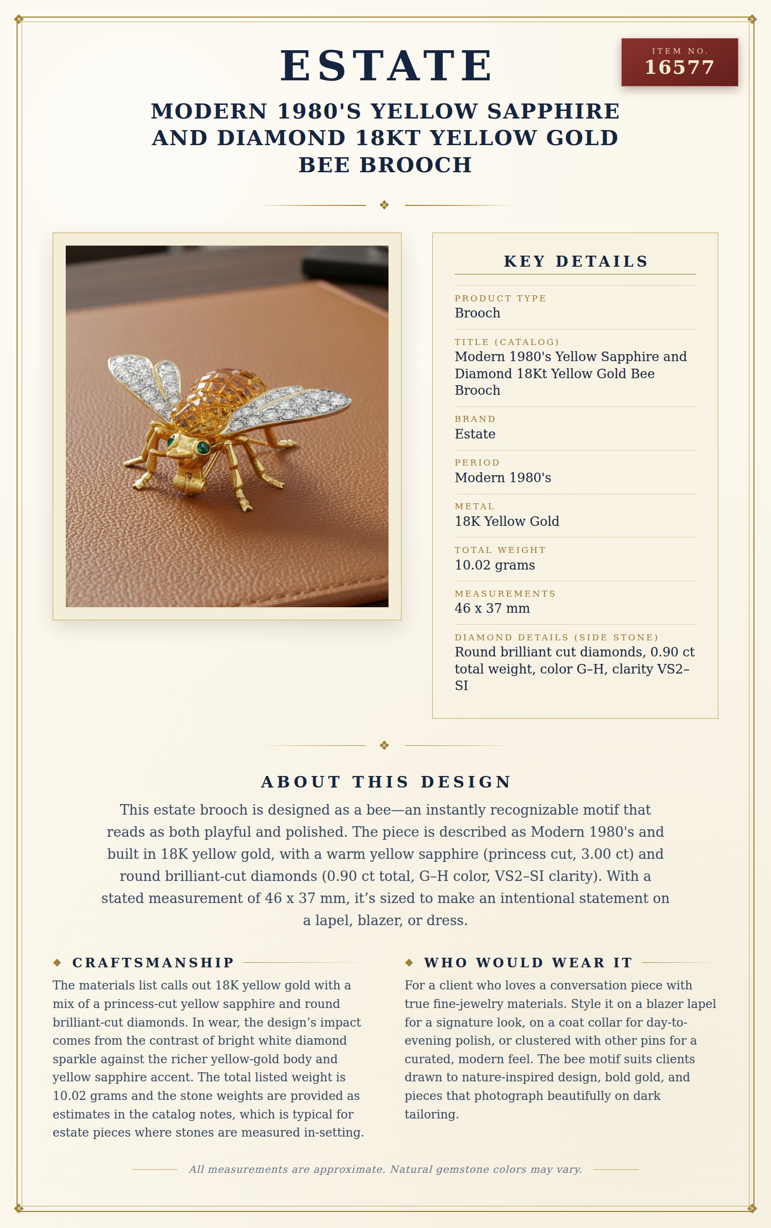 Modern 1980's Yellow Sapphire and Diamond 18Kt Yellow Gold Bee Brooch — anatomy card