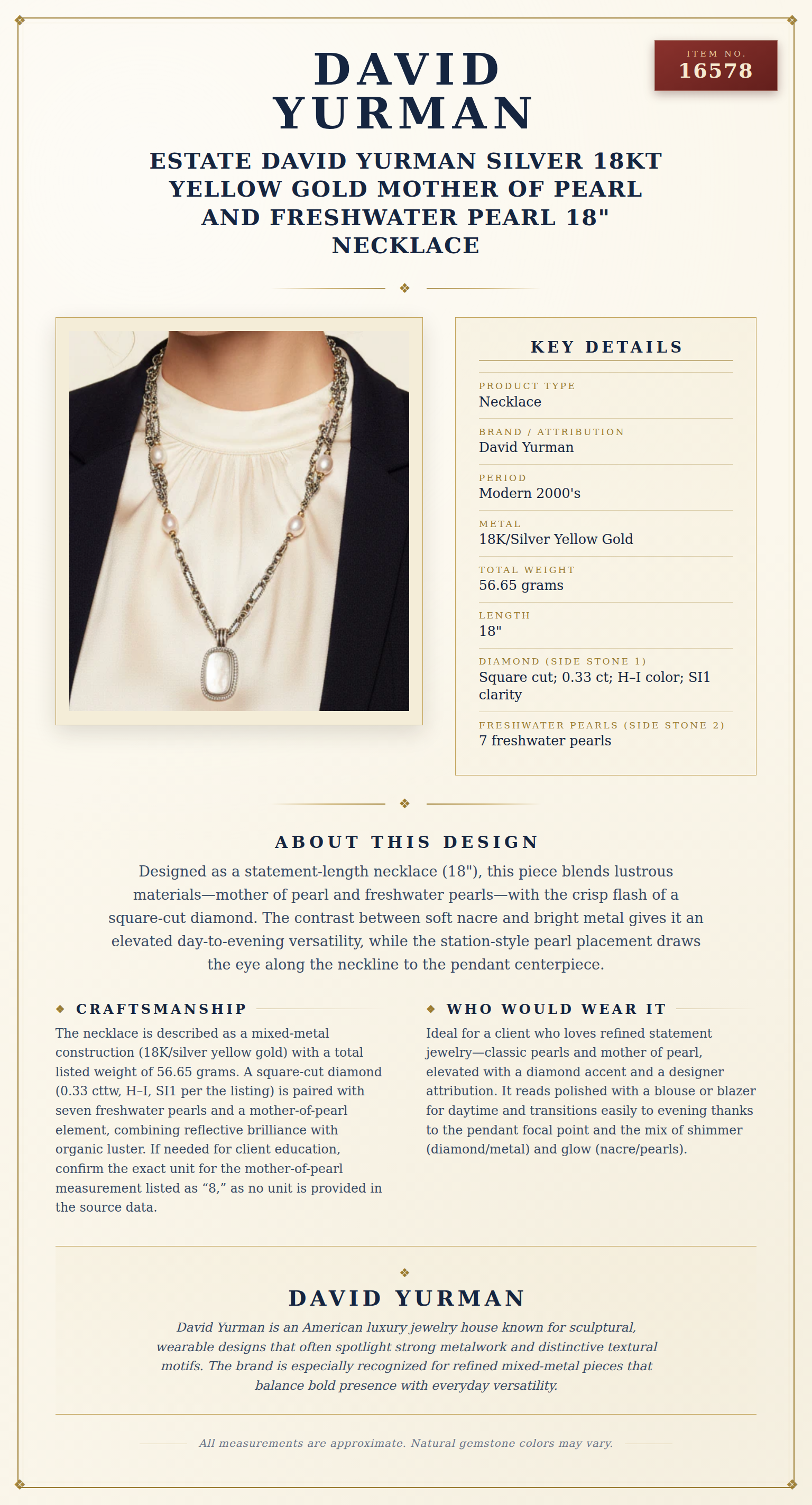 Estate David Yurman Silver 18Kt Yellow Gold Mother of Pearl and Freshwater Pearl 18" Necklace — anatomy card