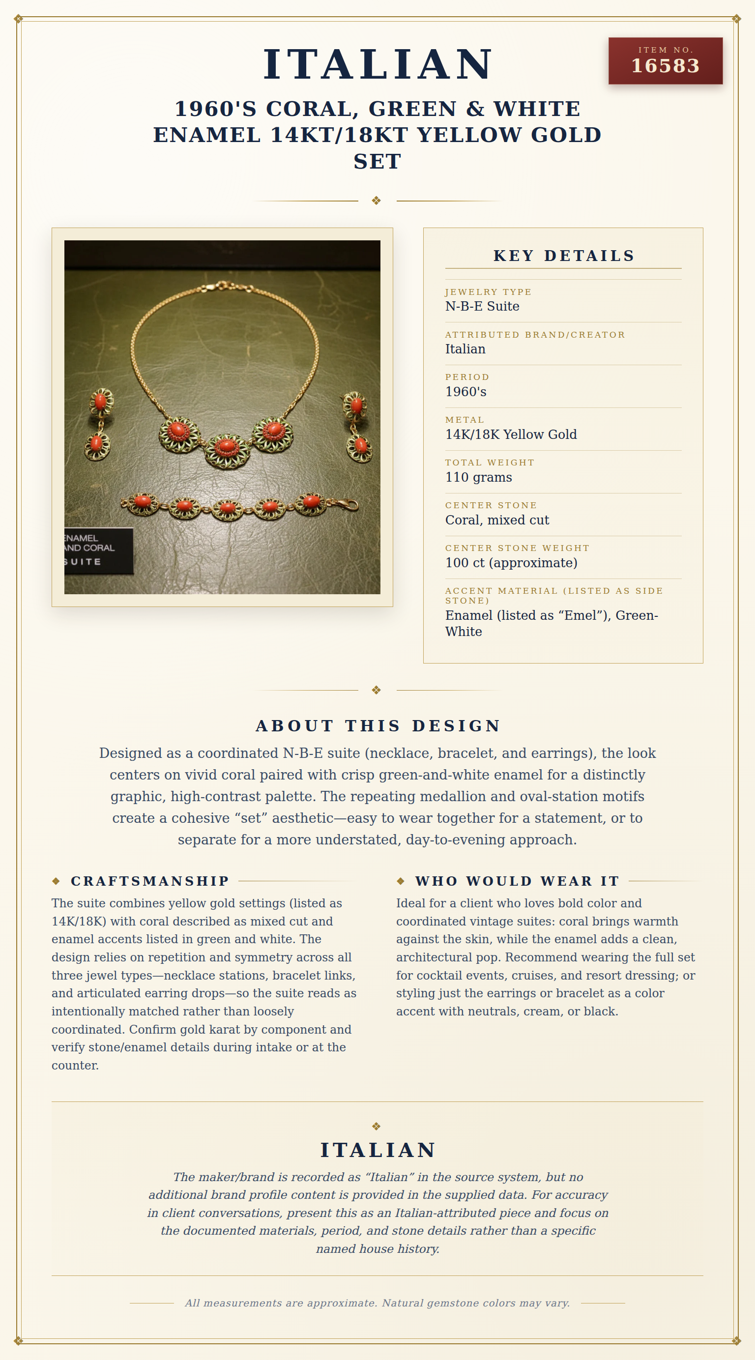Italian 1960's Coral, Green & White Enamel 14kt/18kt Yellow Gold set — anatomy card